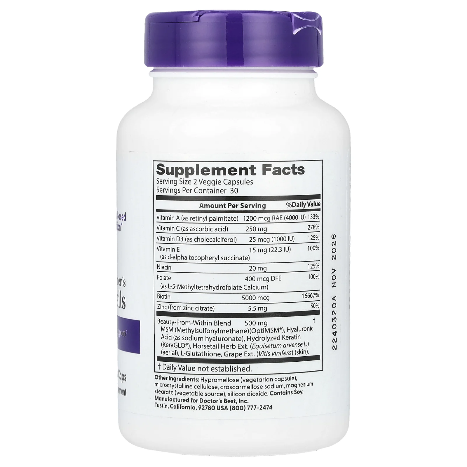 Doctor's Best, Для волос, кожи и ногтей, 60 вегетарианских капсул