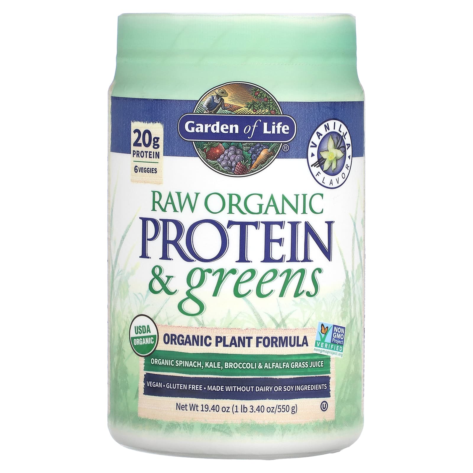 Garden of Life, RAW Protein & Greens, формула с органическими растениями, ваниль, 550 г (19,40 унции)