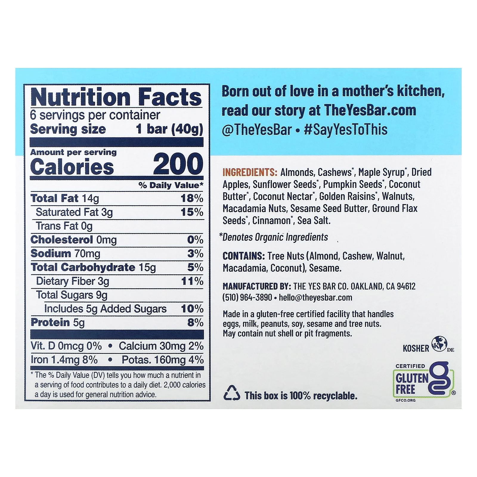 Yes Bar, Snack Bar, хрустящий с яблоком и корицей, 6 батончиков по 40 г (1,4 унции)