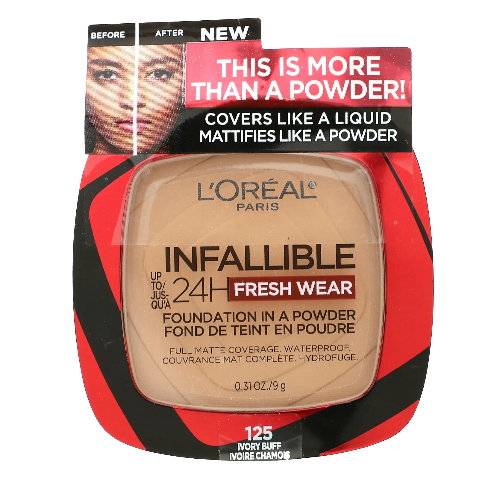 L'Oréal, Infallible 24H Fresh Wear, тональная основа в порошке, 125 цвет слоновой кости, 9 г (0,31 унции)