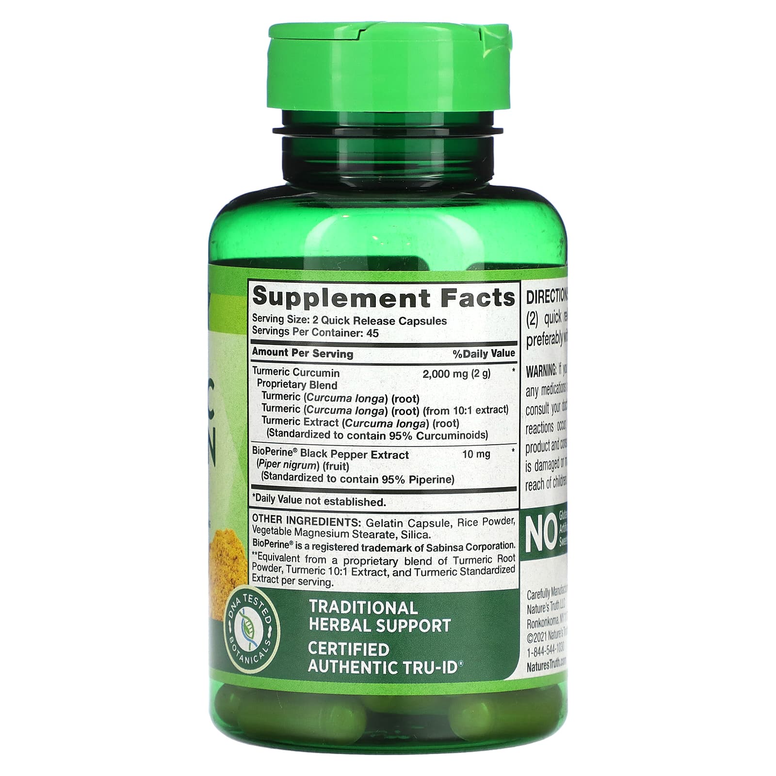 Nature's Truth, Комплекс с куркумином из куркумы, экстракт черного перца BioPerine, стандартизованный, 2000 мг, 90 капсул с быстрым высвобождением (1000 мг в 1 капсуле)