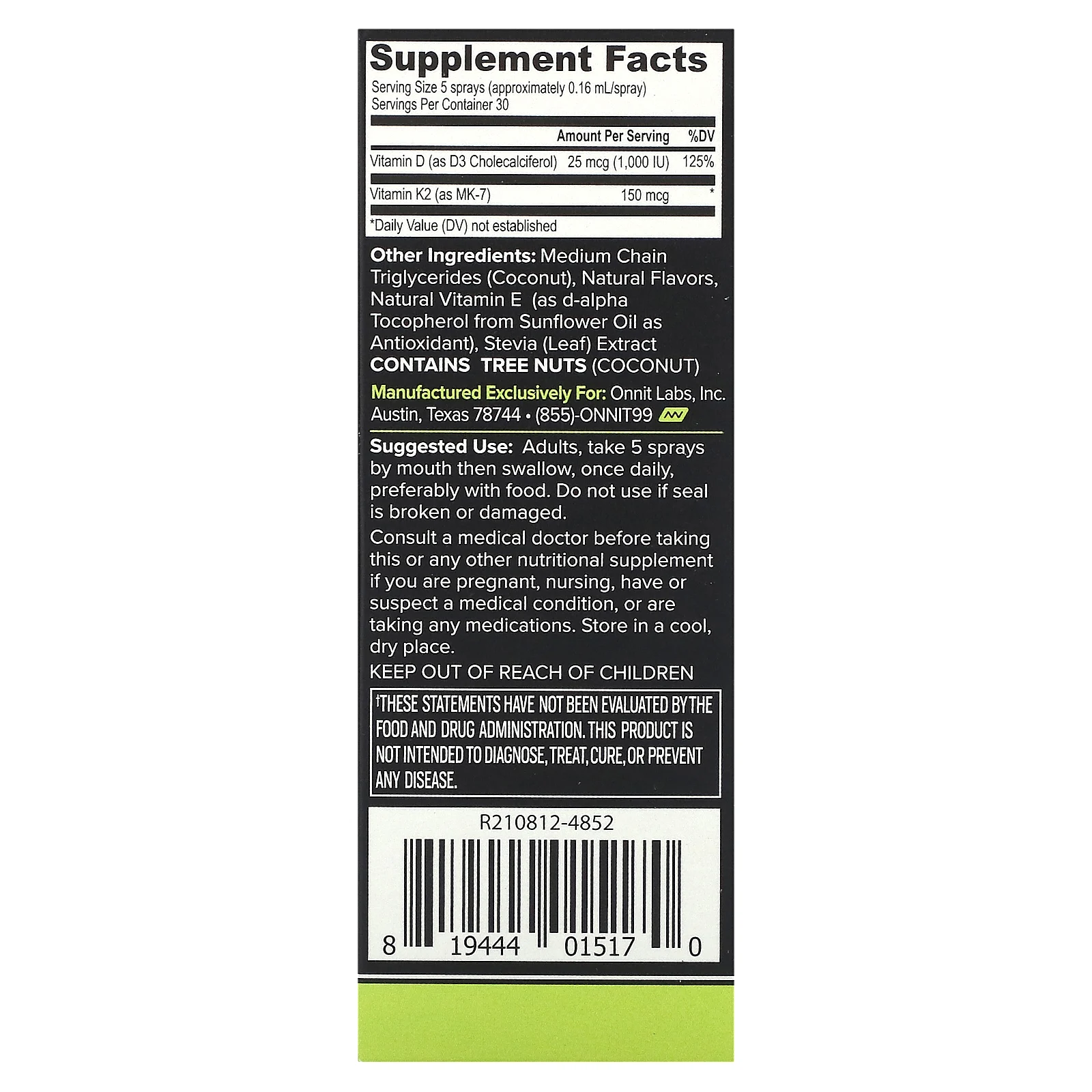 Onnit, Растительный витамин D3 с витамином K2, гуава из маракуйи, 1000 МЕ, 24 мл (0,8 жидк. Унции)