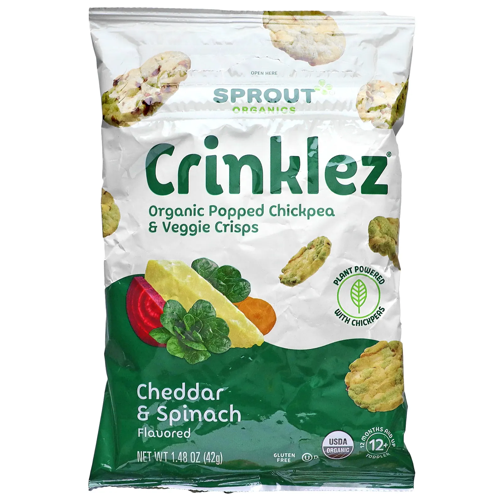 Sprout Organics, Crinklez, снек из нута и овощей, для малышей от 12 месяцев, чеддер и шпинат, 42 г (1,48 унции)