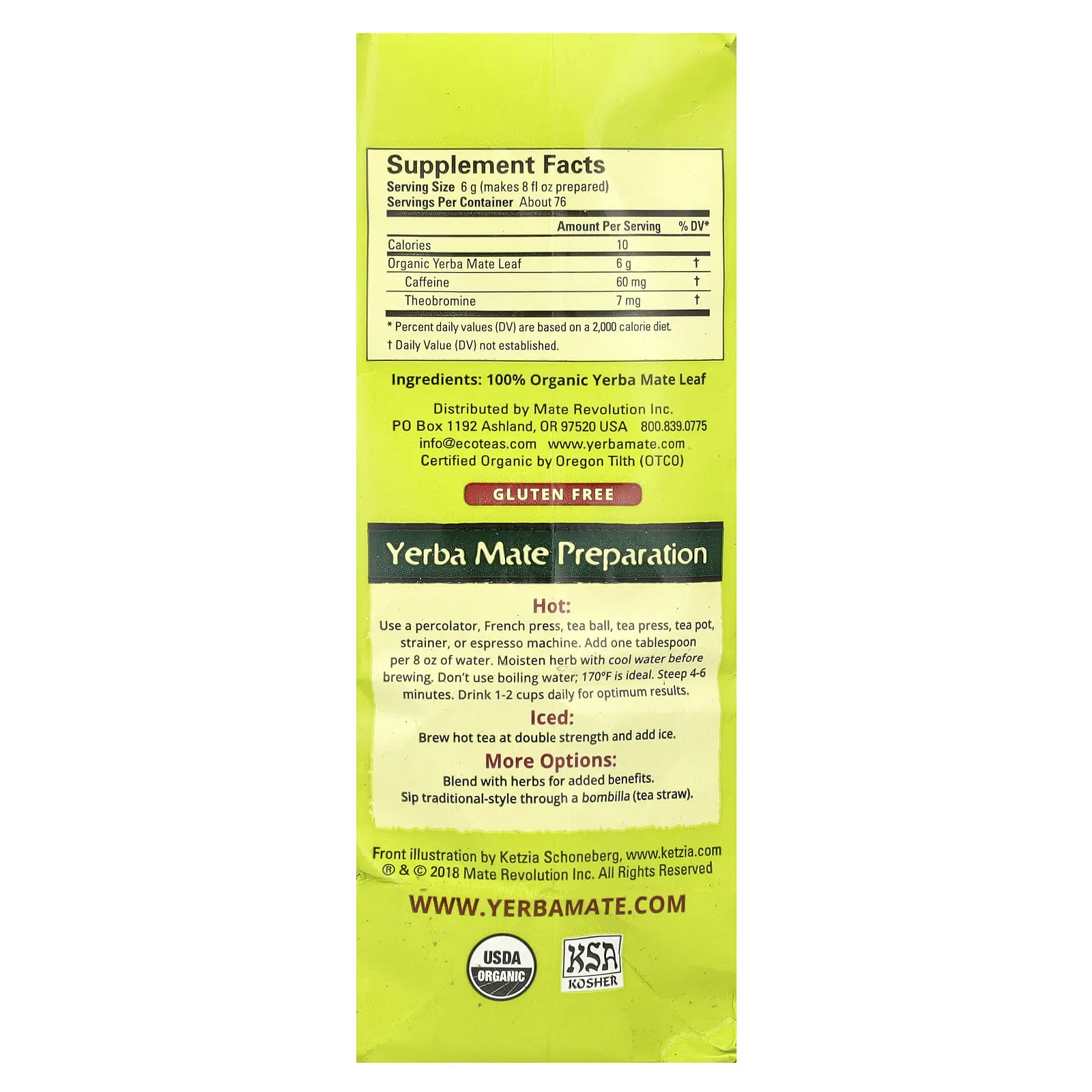 EcoTeas, листовой рассыпной чистый чай йерба мате, некопченный, зеленая энергия, 454 г (16 унций)