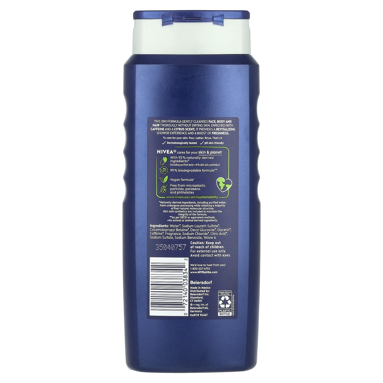 Nivea, Для мужчин, гель для душа 3 в 1, цитрусовый аромат и кофеин, 500 мл (16,9 жидк. Унции)