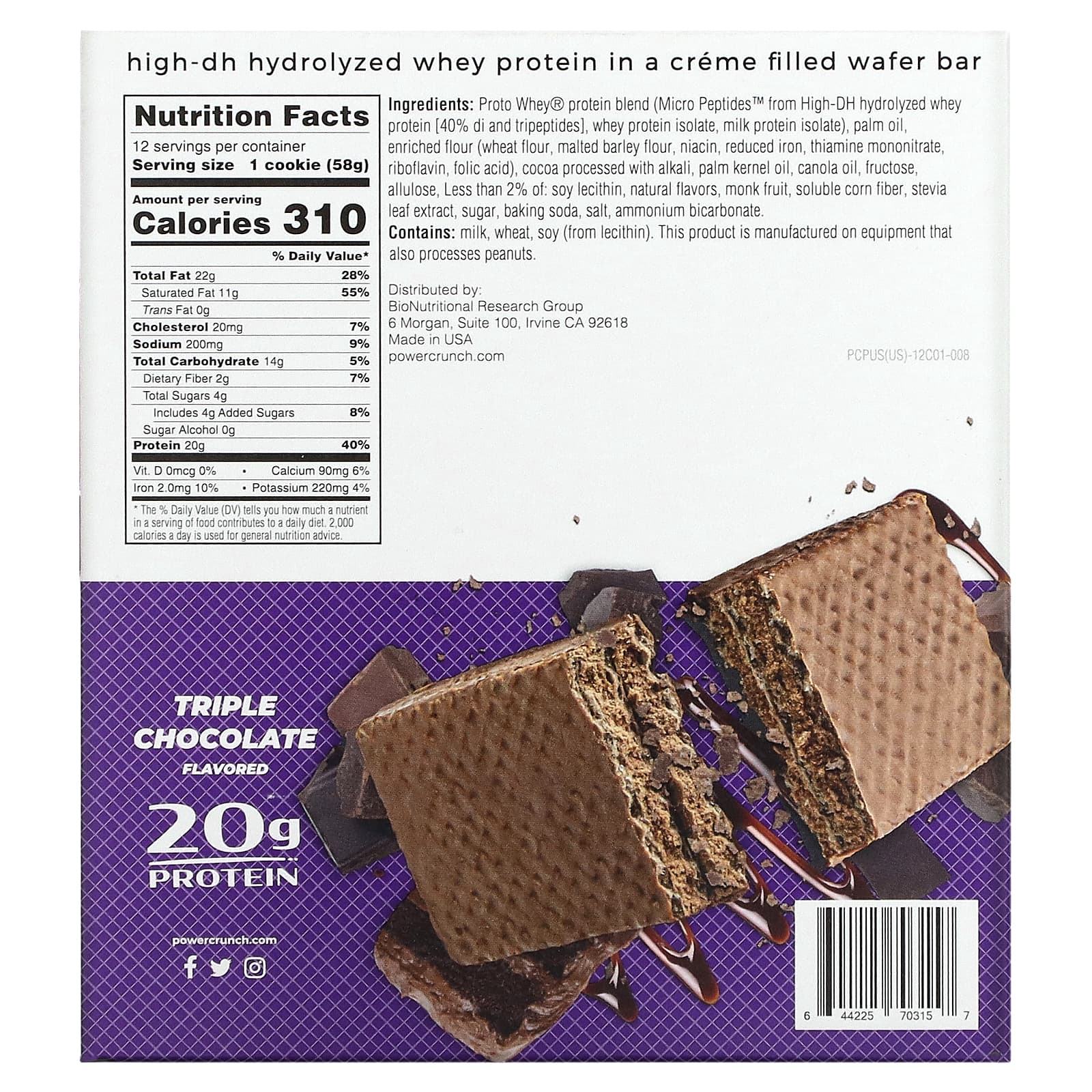 BNRG, Power Crunch Protein Energy Bar, PRO, тройной шоколад, 12 батончиков по 2,0 унции (58 г) каждый
