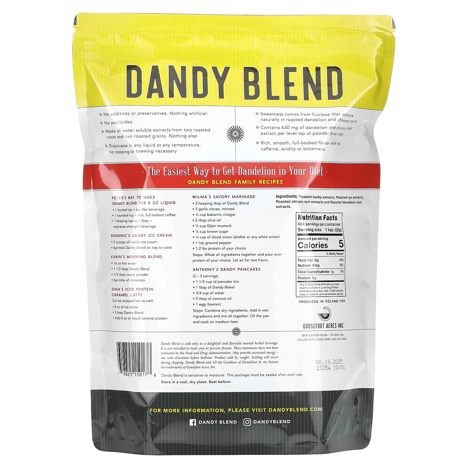 Dandy Blend, растворимый травяной напиток с одуванчиком, без кофеина, 908 г (2 фунта)