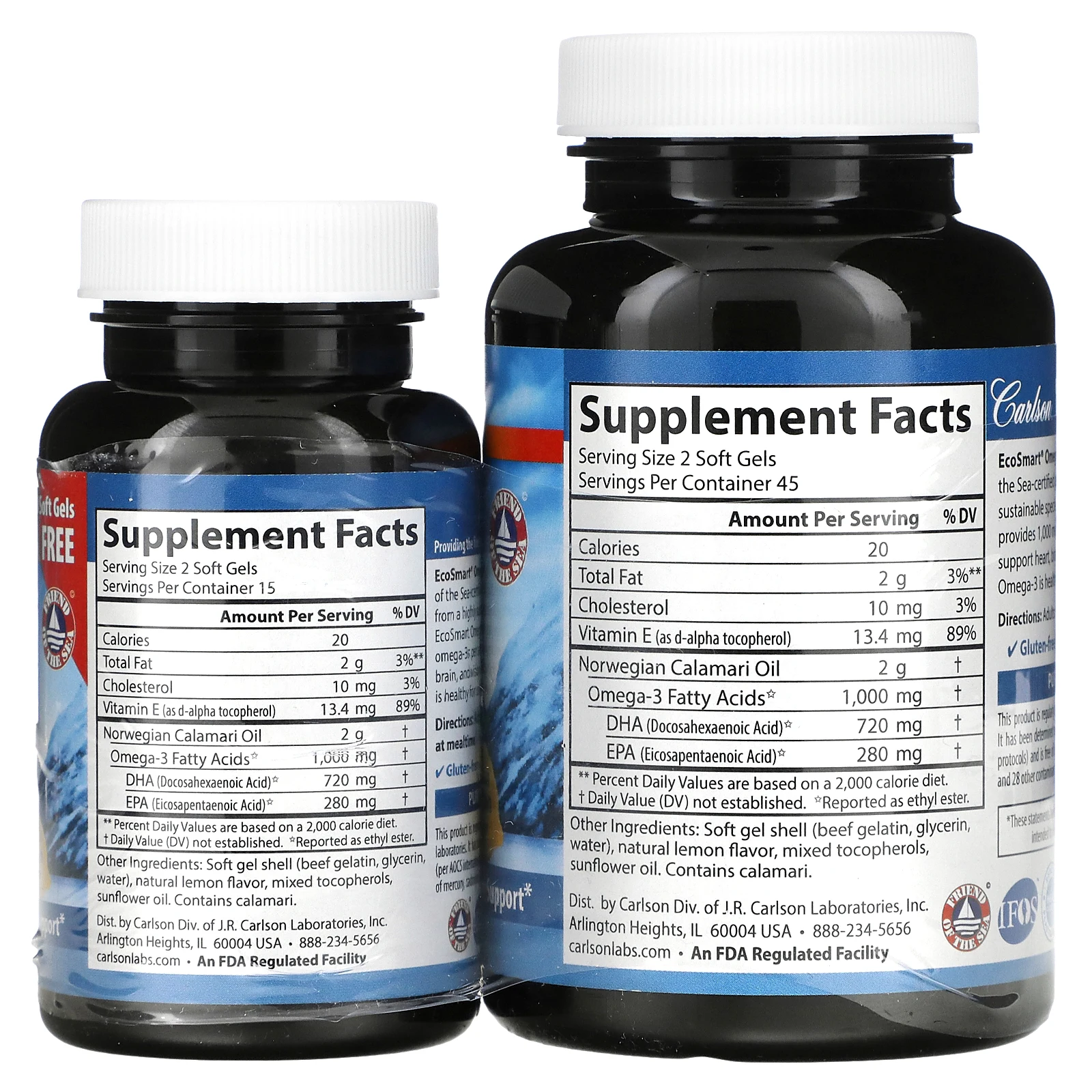 Carlson, EcoSmart, омега-3 из норвежской рыбы дикого улова, с натуральным лимонным вкусом, 1000 мг, 90 + 30 капсул (500 мг в 1 капсуле)