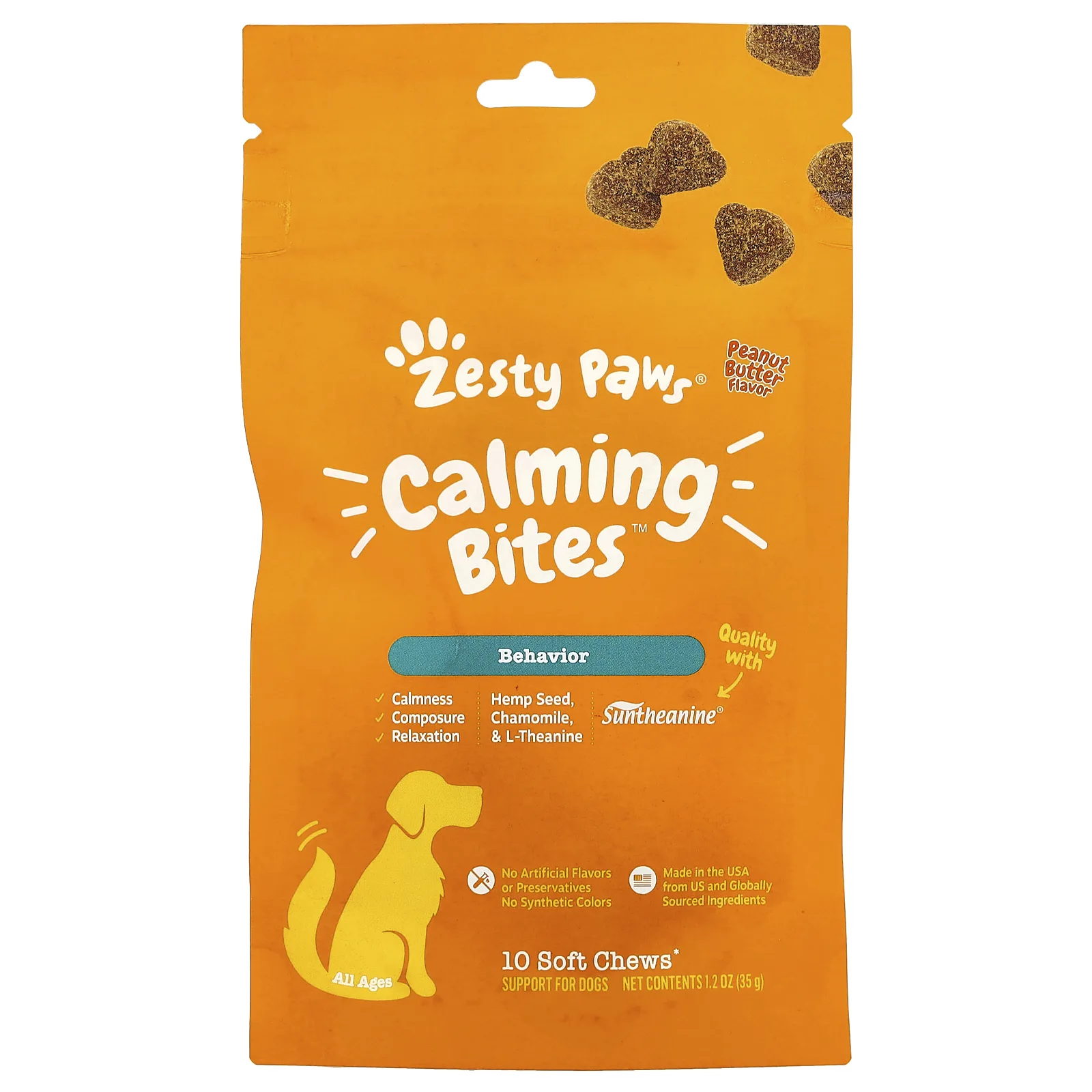 Zesty Paws, Calming Bites ™, для собак, для всех возрастов, арахисовая паста, 10 жевательных таблеток, 35 г (1,2 унции)
