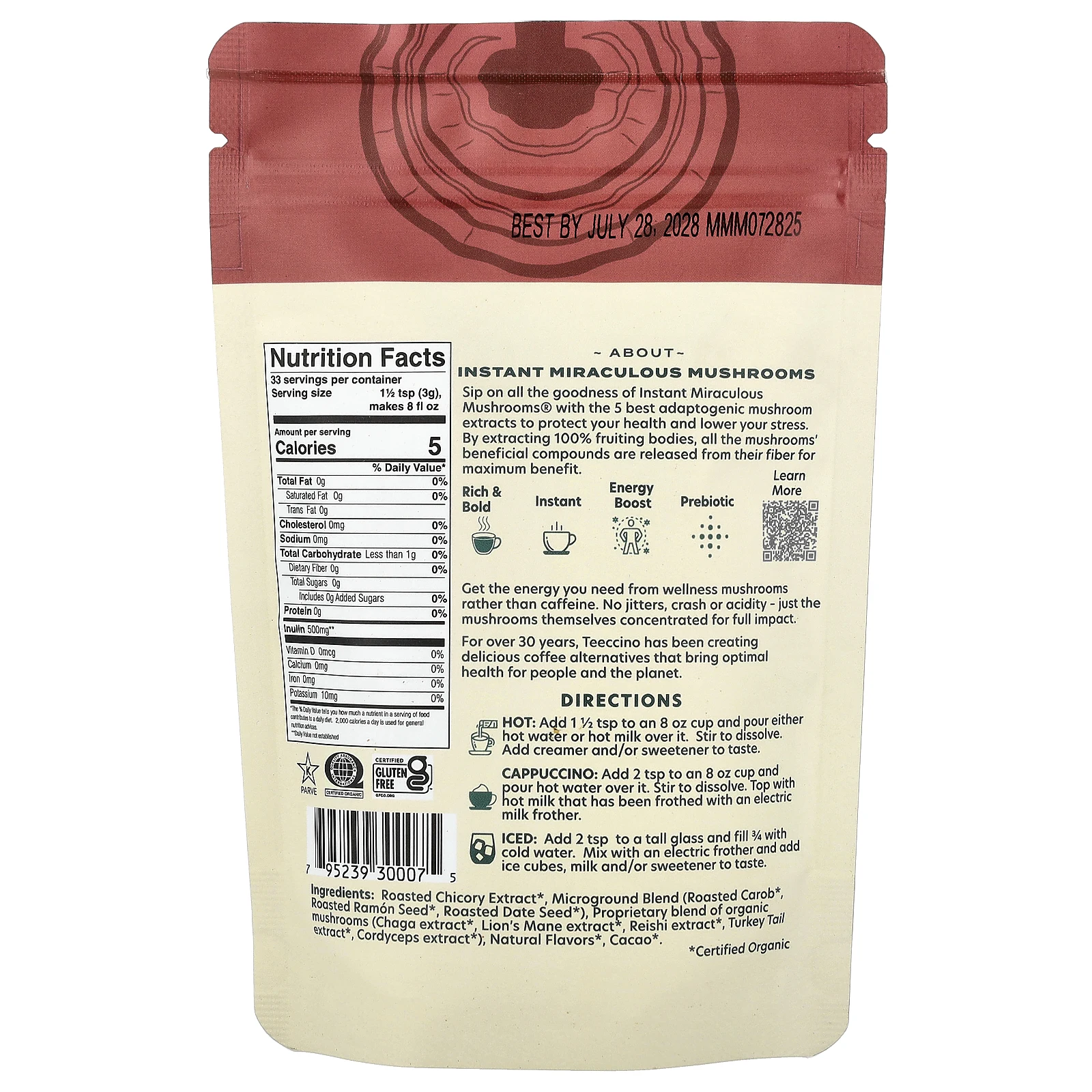 Teeccino, растворимый травяной кофе, Miraculous Mushrooms, без кофеина, 100 г (3,53 унции)