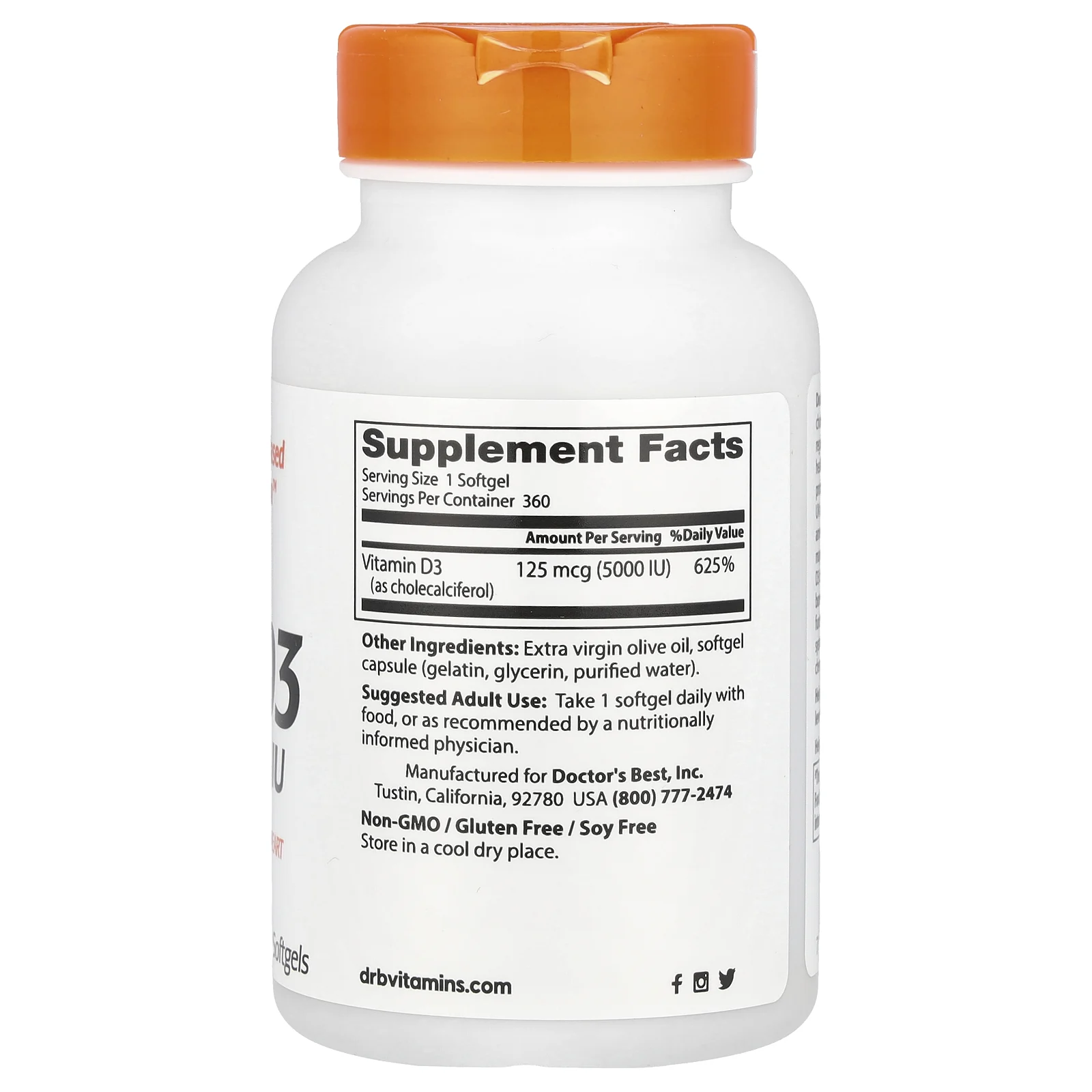 Doctor's Best, витамин D3, 125 мкг (5000 МЕ), 360 мягких таблеток