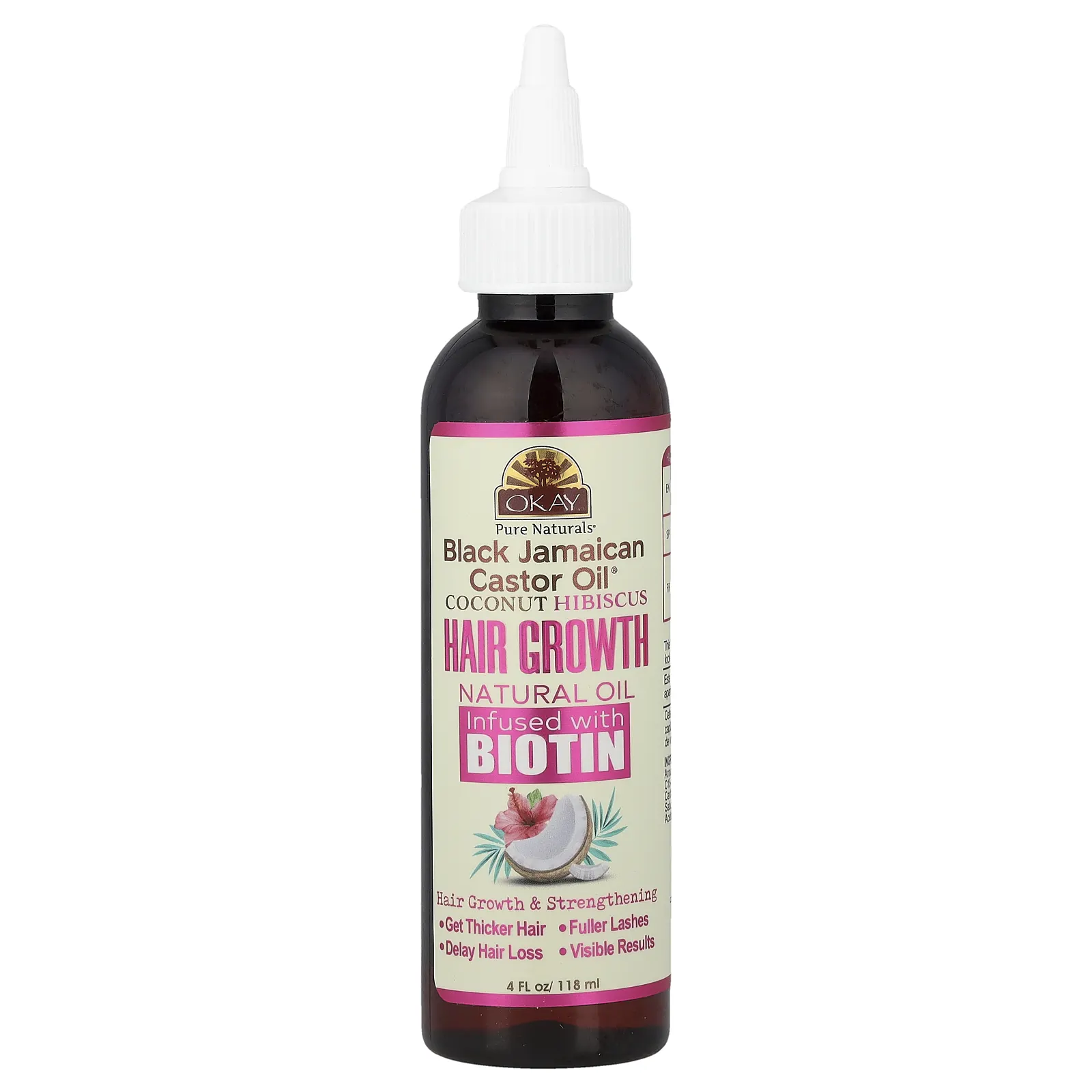 Okay Pure Naturals, Black Jamaican Castor Oil®, натуральное масло для роста волос с кокосом и гибискусом, с биотином, 118 мл (4 жидк. унции)