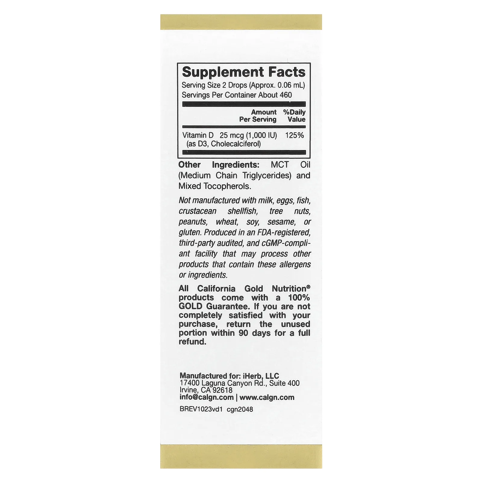 California Gold Nutrition, витамин D3, 25 мкг (1000 МЕ), 30 мл (1 жидк. унция)