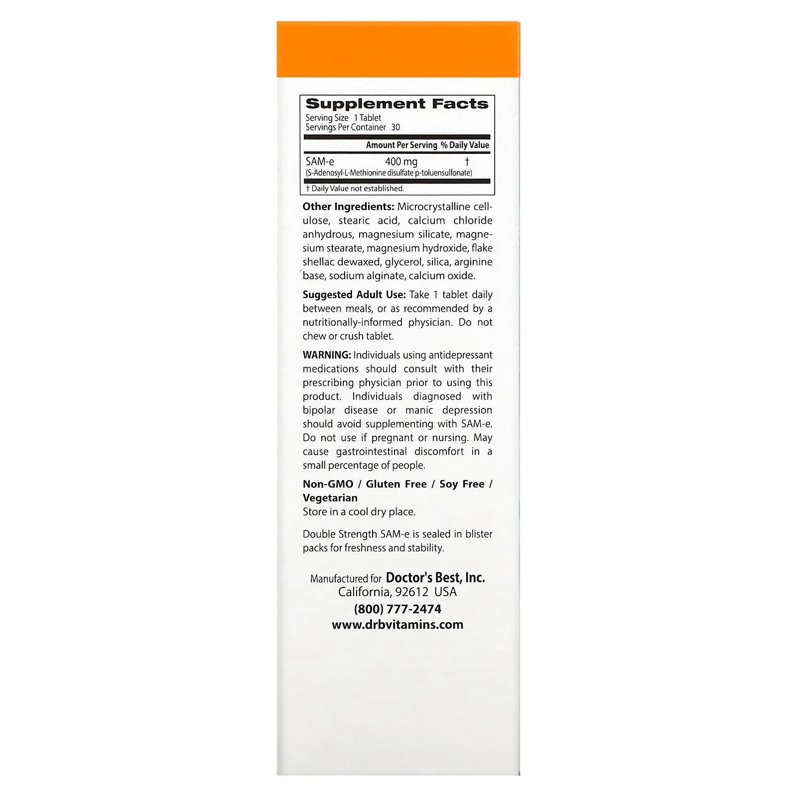 Doctor's Best, SAMe (дисульфат тозилат), двойная сила, 400 мг, 30 таблеток, покрытых кишечнорастворимой оболочкой