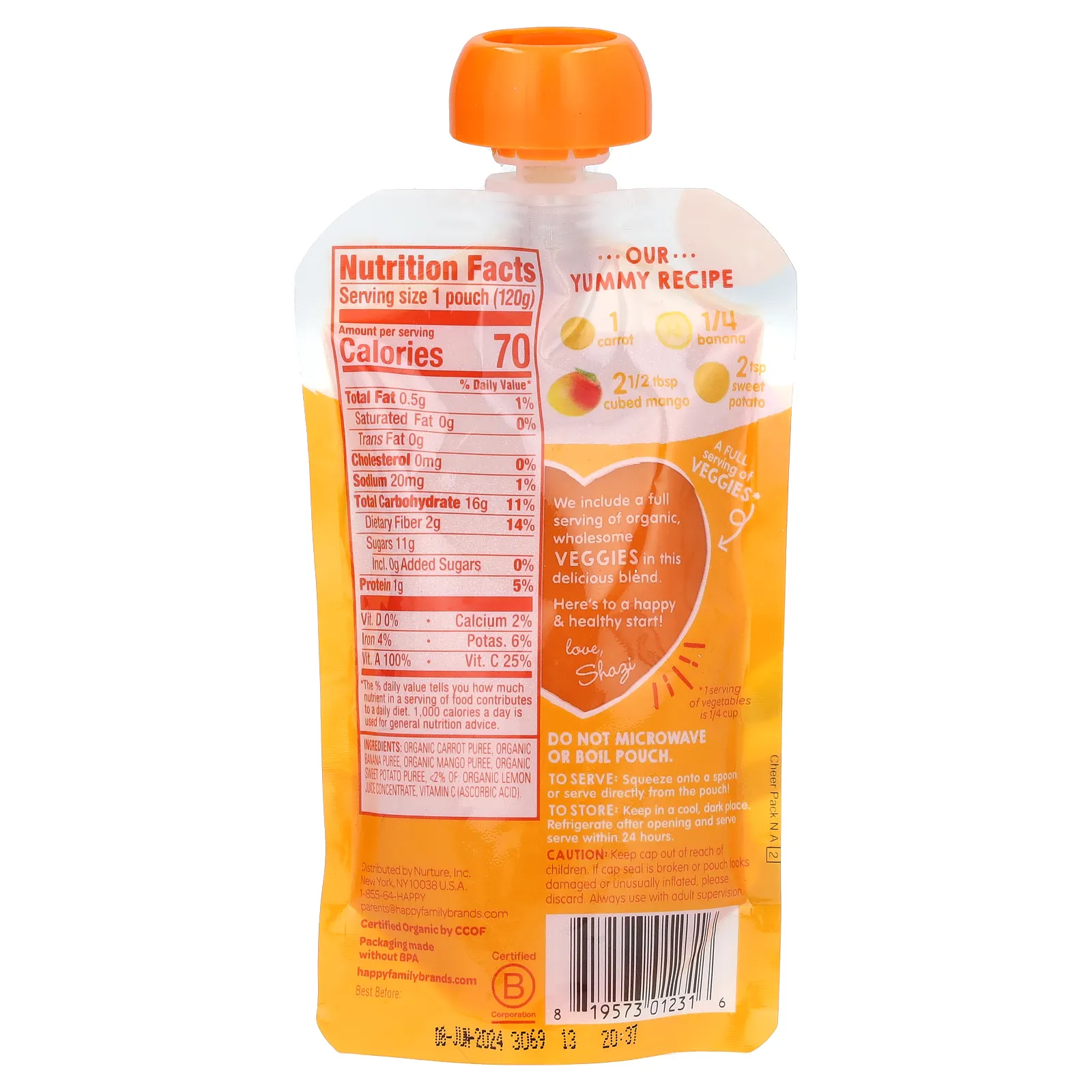 Happy Family Organics, Organics Happy Tot, «Вкусные овощи», органическое пюре из моркови, бананов, манго и батата, 120 г