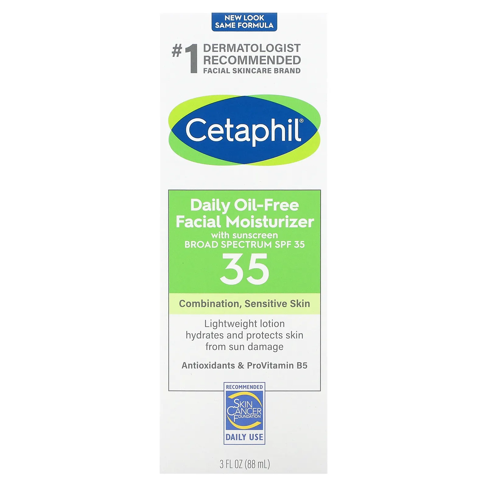 Cetaphil, Ежедневное увлажняющее средство для лица без масла, с солнцезащитным кремом, SPF 35, 88 мл (3 жидк. Унции)
