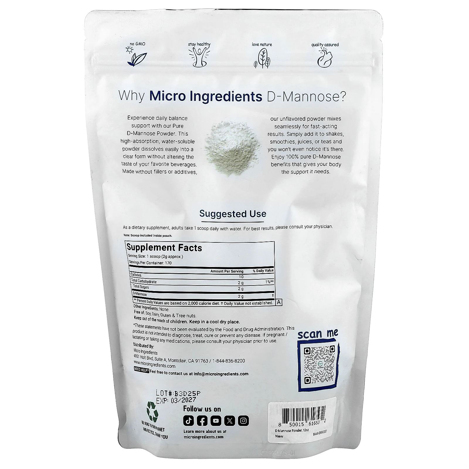 Micro Ingredients, D-манноза в порошке, 340 г (12 унций)