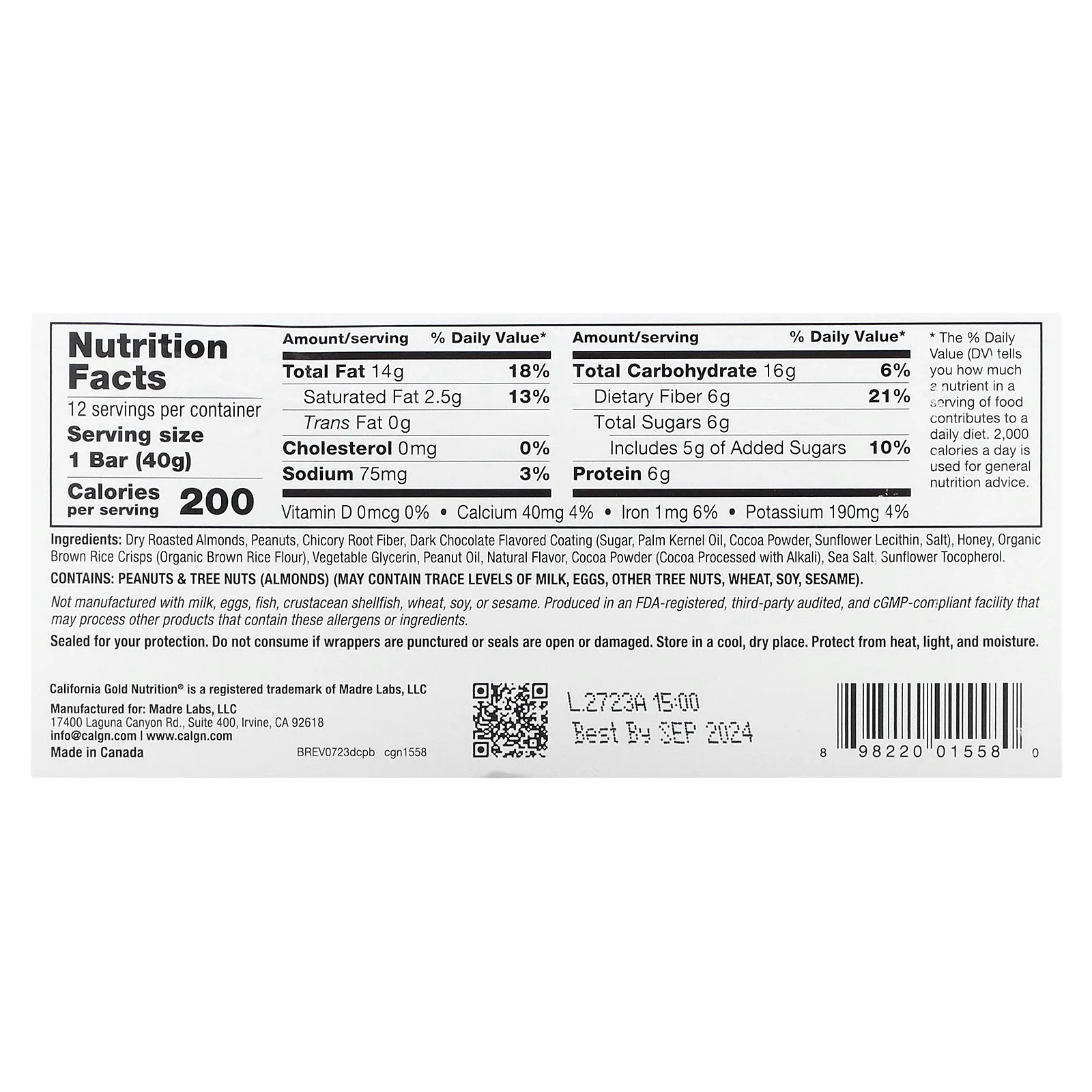 California Gold Nutrition, Foods, батончики со вкусом двойного шоколада и арахисовой пасты, 12 батончиков, по 40 г (1,4 унции)