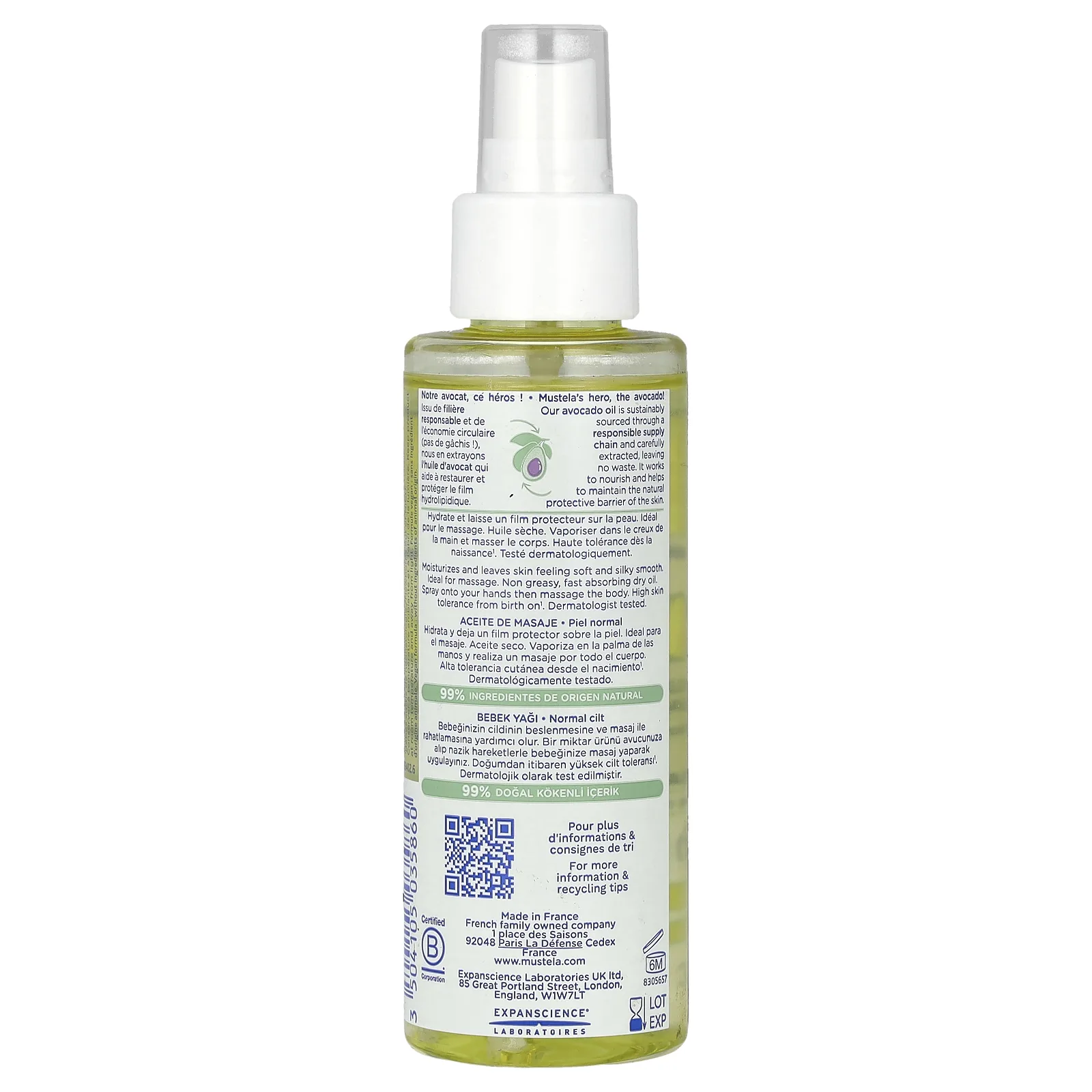 Mustela, Детское масло с маслом авокадо, 3,38 жидких унций (100 мл)