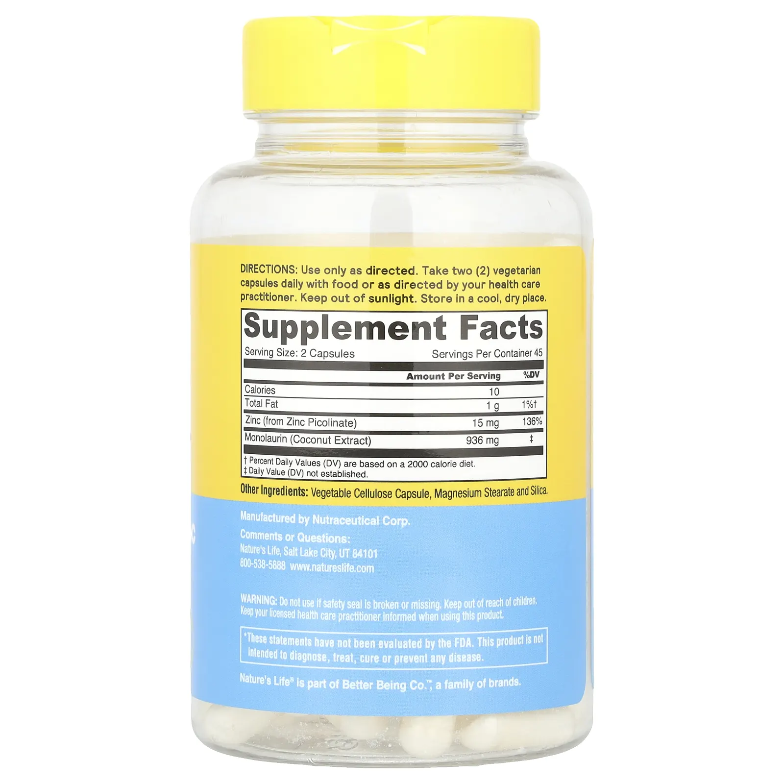Nature's Life, монолаурин и цинк, 90 вегетарианских капсул