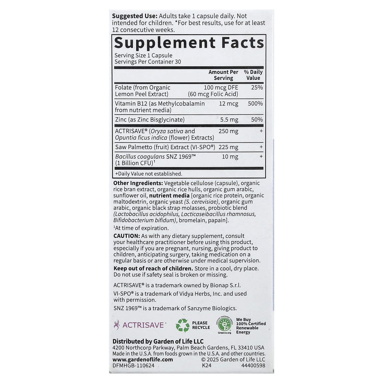 Garden of Life, Hair Growth+, для мужчин, 30 вегетарианских капсул