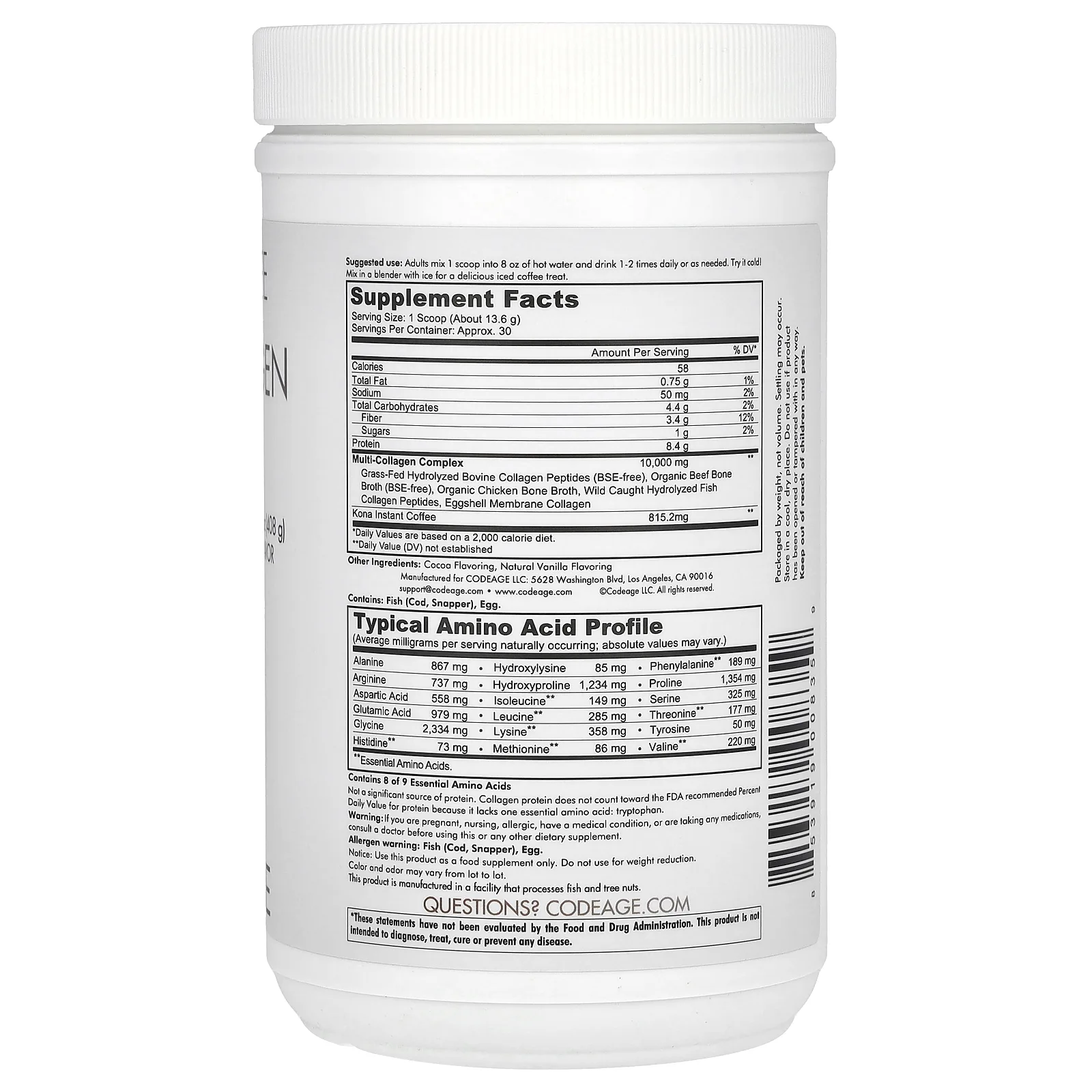 Codeage, Kona Coffee, мультиколлагеновые пептиды, 5 типов I, II, III, V, X, шоколадный мокко, 408 г (14,39 унции)