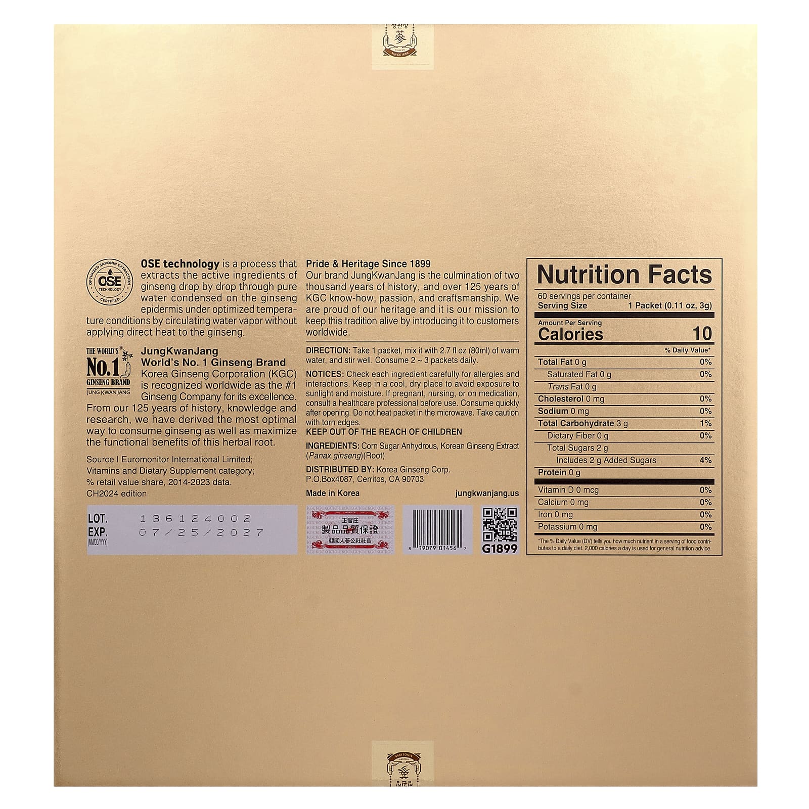 JungKwanJang, Чай с корейским женьшенем, 60 пакетиков по 3 г (0,11 унции)