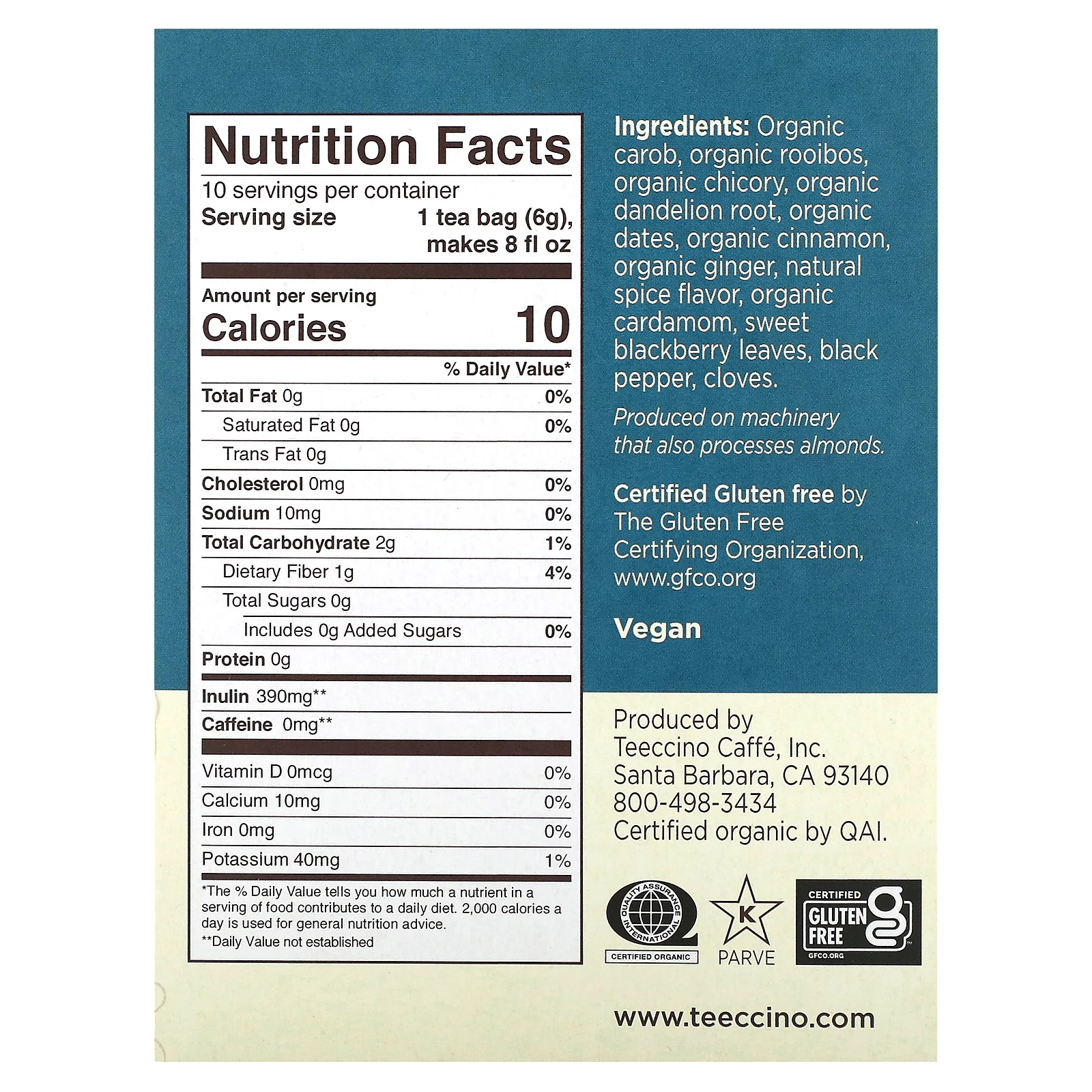 Teeccino, Жареный травяной чай, красный чай с одуванчиком, без кофеина, 10 чайных пакетиков, 60 г (2,12 унции)