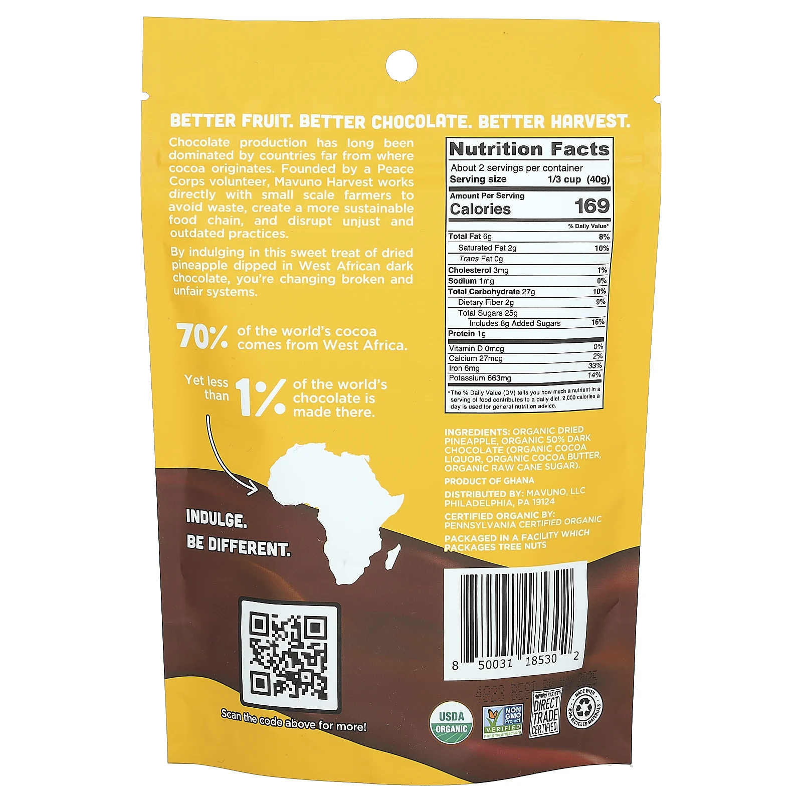 Mavuno Harvest, сушеный органический ананас, в темном шоколаде, 84 г (3 унции)