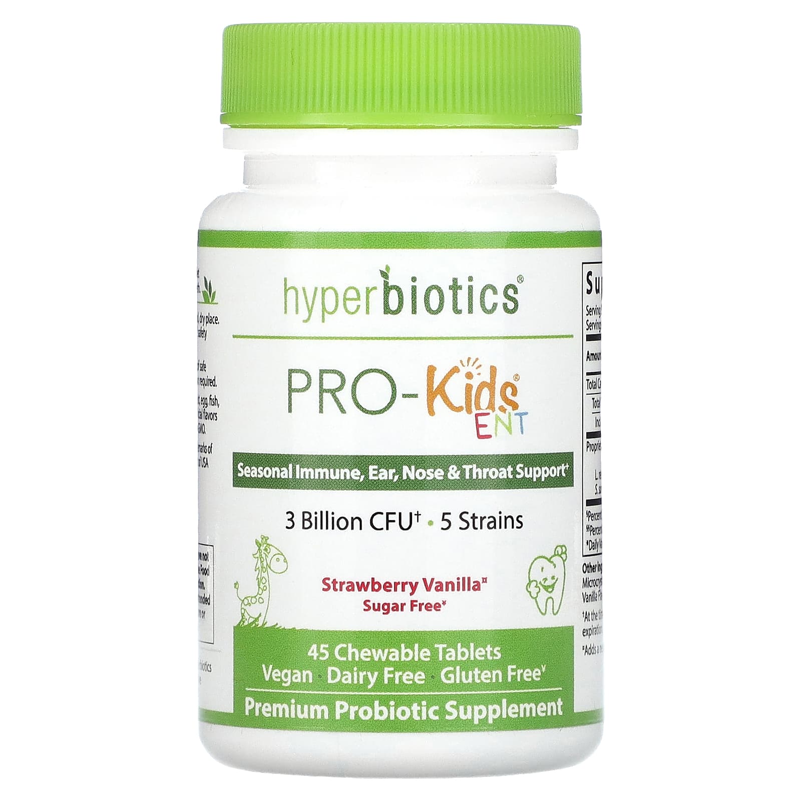 Hyperbiotics, PRO-Kids ENT, пробиотики для детей, без сахара, с клубничным и ванильным вкусом, 45 запатентованных жевательных таблеток LiveBac