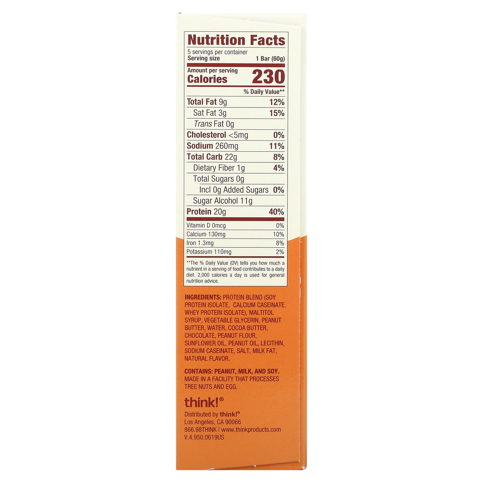 Think !, Высокопротеиновые батончики, арахисовая крем-паста, 5 батончиков, 60 г (2,1 унции) каждый