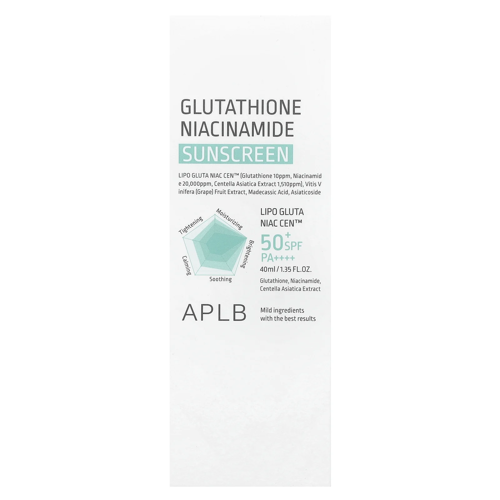 APLB, Glutathione Niacinamide Sunscreen, SPF 50+ PA ++++, 1.35 fl oz (40 ml)