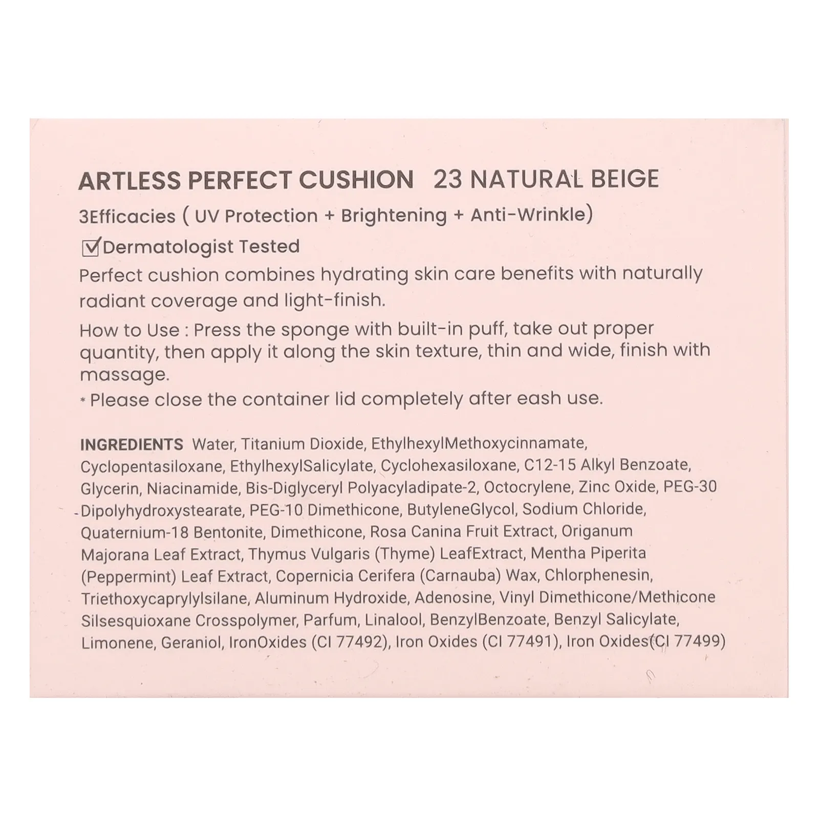 Heimish, Artless Perfect Cushion, тональная основа, SPF 50+ / PA+++, оттенок 23 натуральный бежевый, 13 г