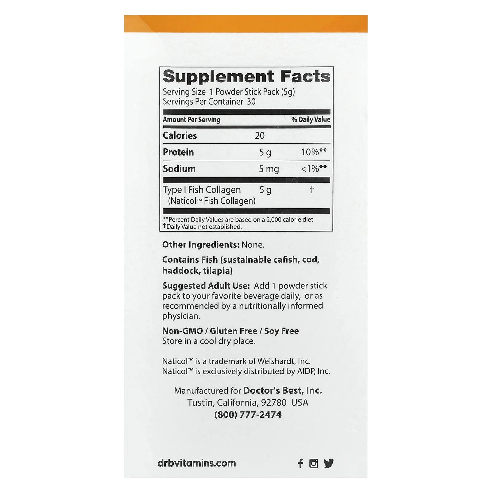Doctor's Best, рыбий коллаген с Naticol, 5 г, 30 пакетиков-стиков с порошком