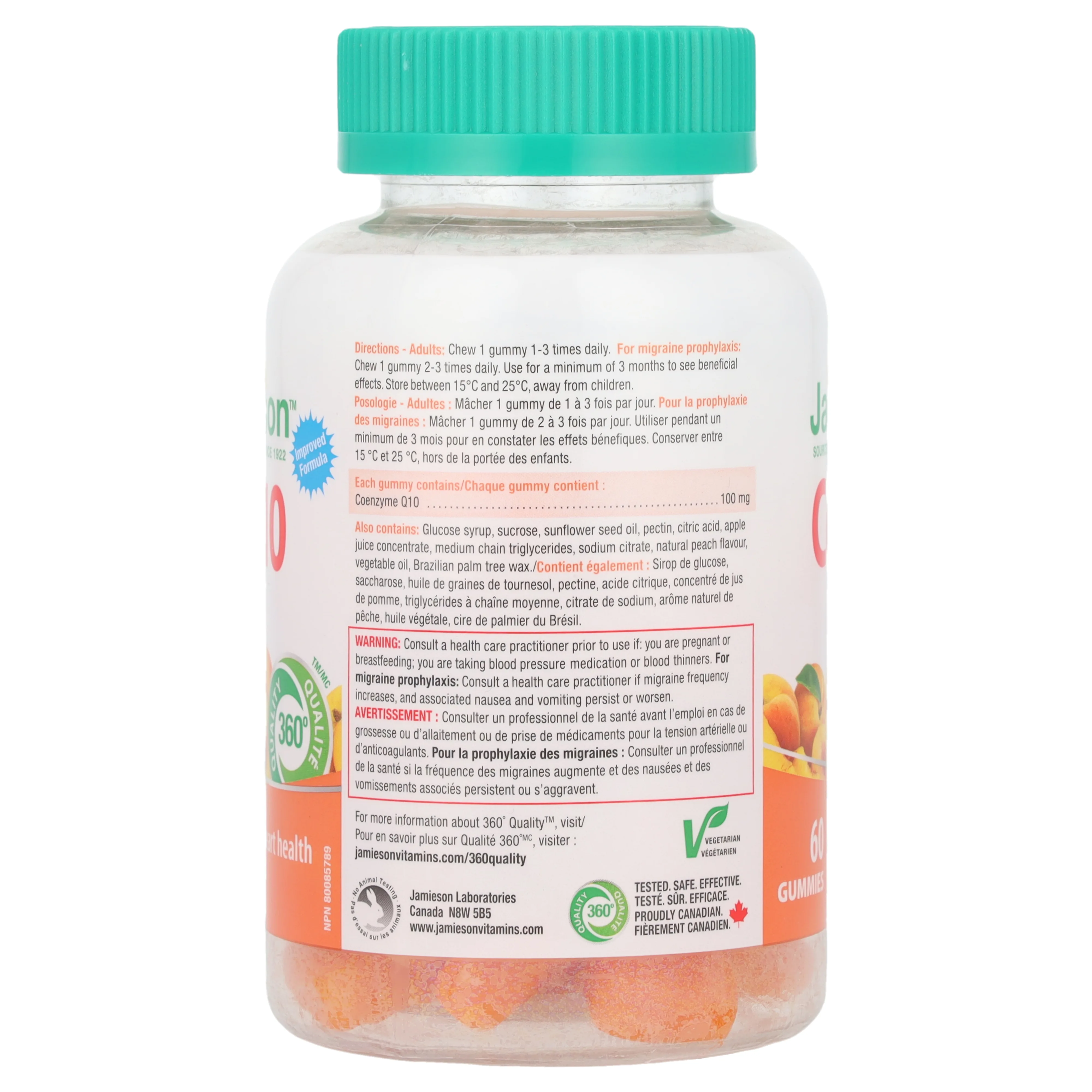 Jamieson Vitamins, Жевательные таблетки с коэнзимом Q10, сочный персик, 100 мг, 60 жевательных таблеток