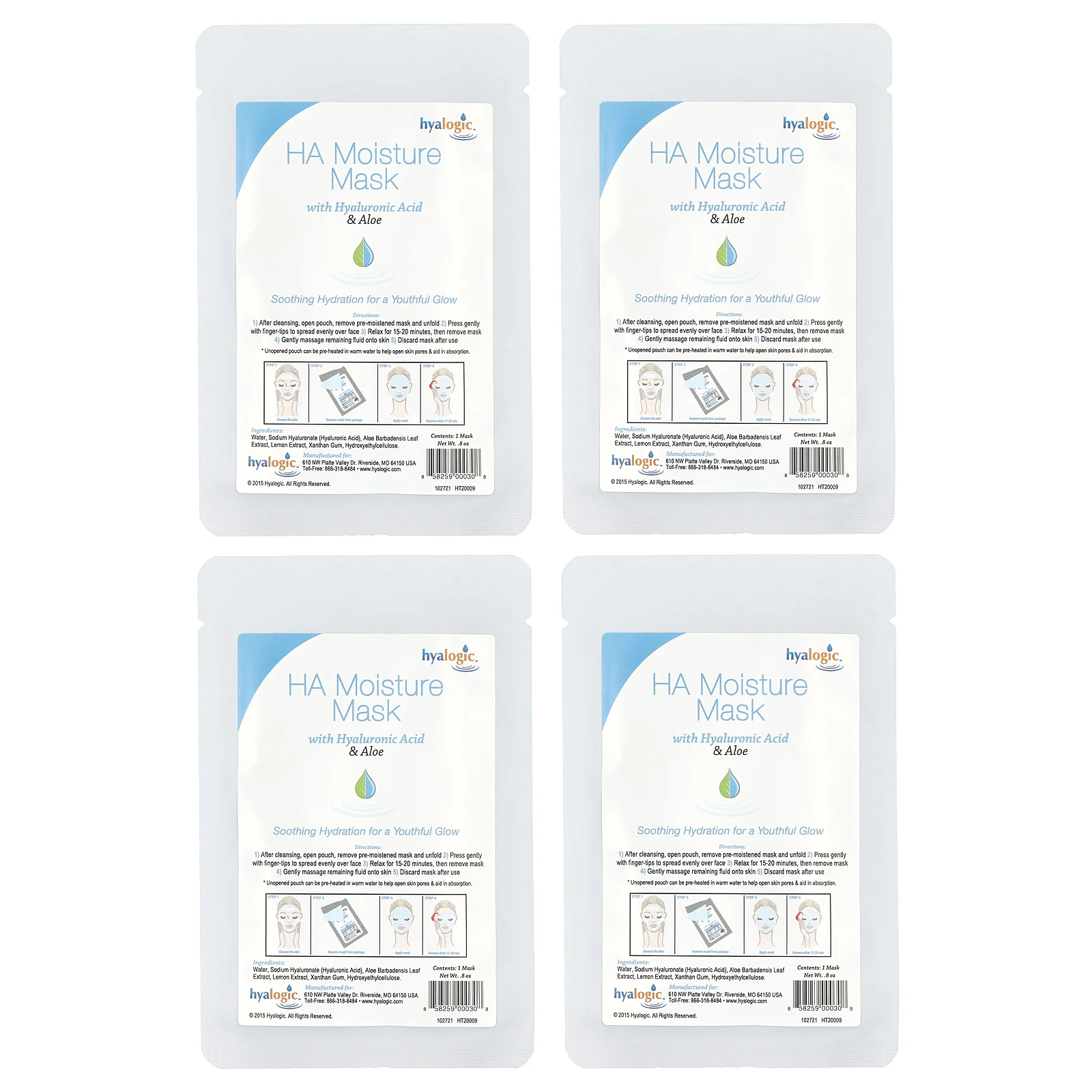 Hyalogic, увлажняющая маска для лица на гиалуроновой кислоте и алоэ, без отдушек, 4 шт. по 0,8 унции
