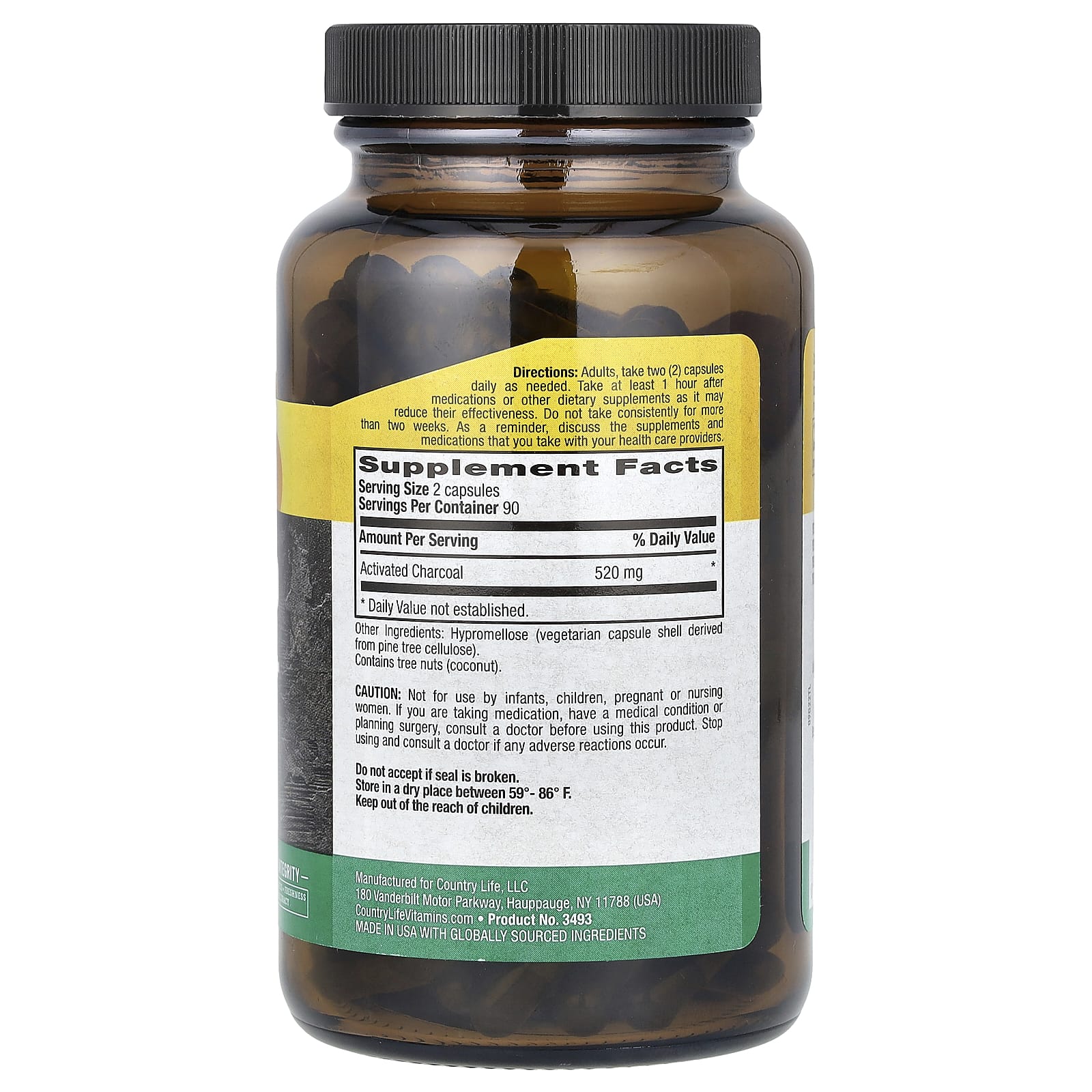 Country Life, Активированный уголь, 260 мг, 180 веганских капсул