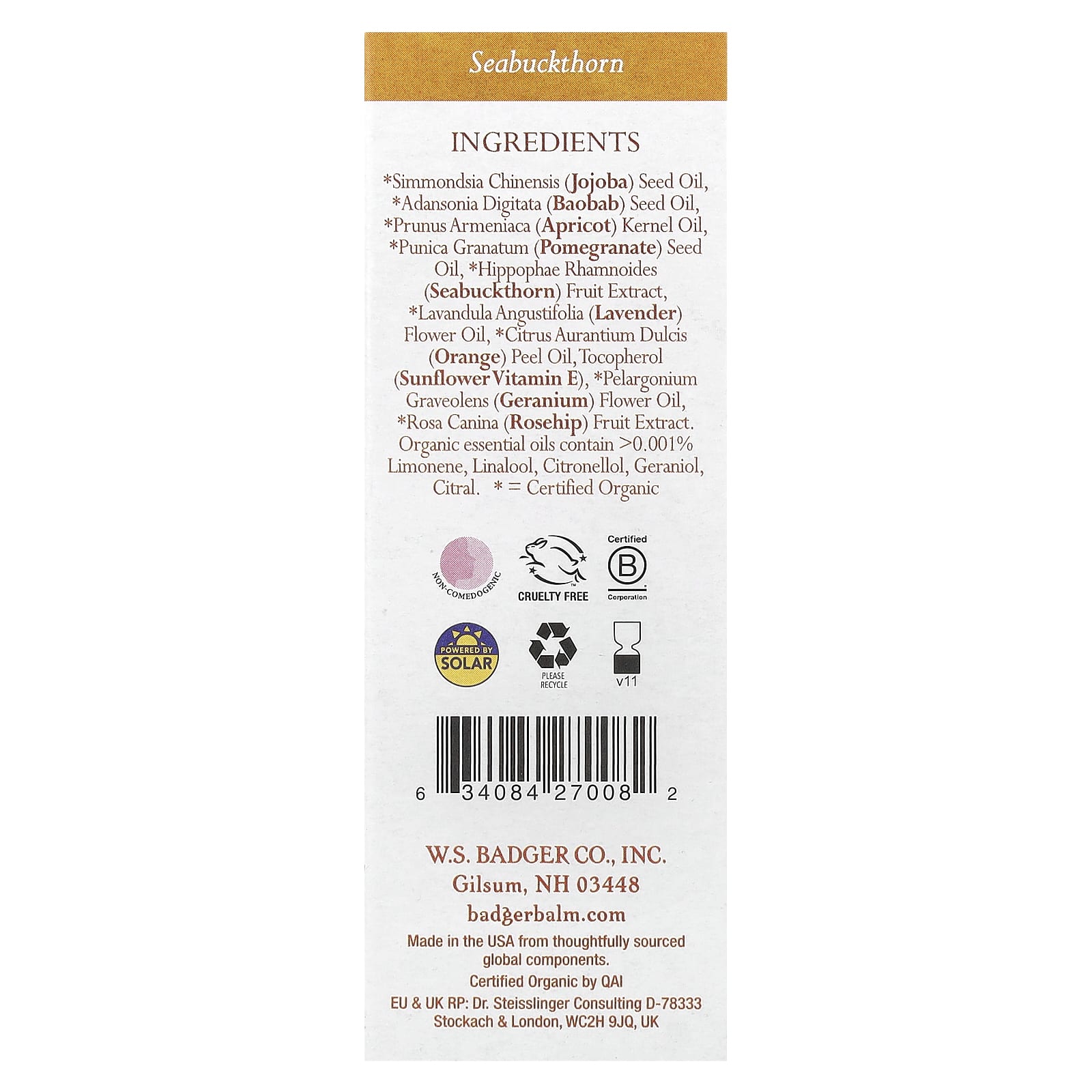 Badger Company, Face Care, Масло для лица из облепихи, 1 жидкая унция (29,5 мл)