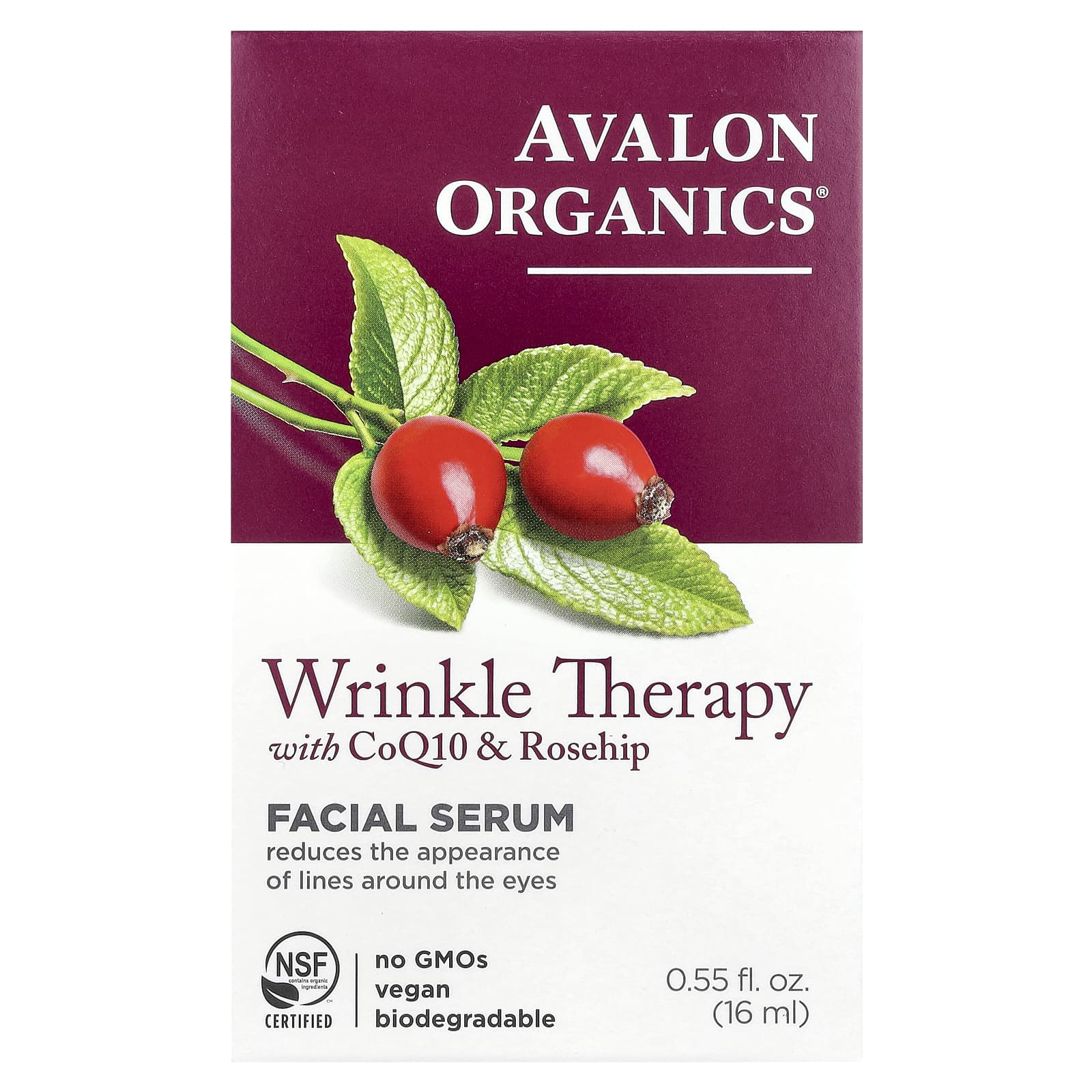 Avalon Organics, Wrinkle Therapy с коэнзимом Q10 и шиповником, сыворотка для лица, 16 мл (0,55 жидк. Унции)