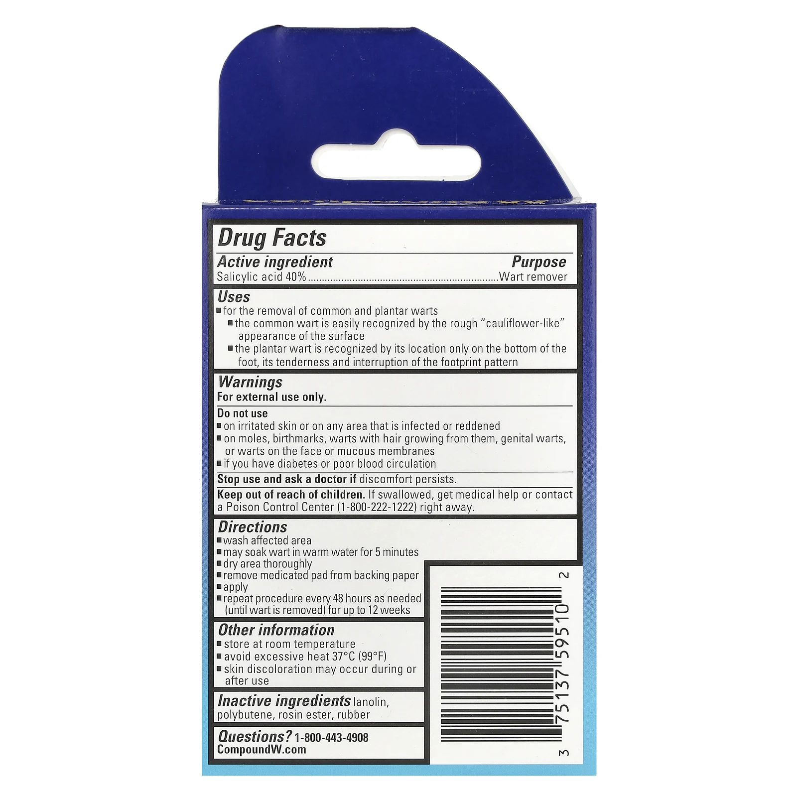 Compound W, средство для удаления бородавок, одноразовые подушечки, максимальная сила действия, 14 подушечек с лекарственным средством