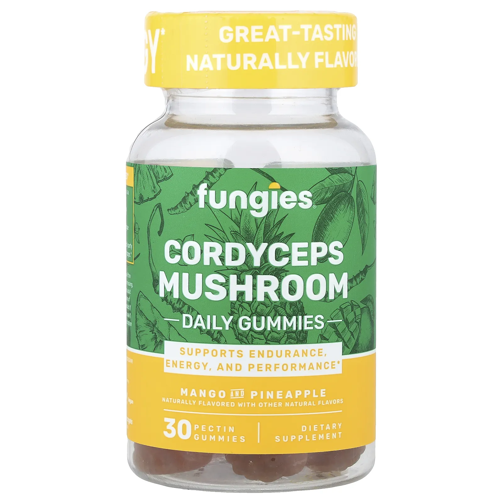 Fungies, Жевательные таблетки с грибом кордицепс для ежедневного приема, манго и ананас, 30 жевательных таблеток пектина (50 мг в 1 жевательной таблетке)