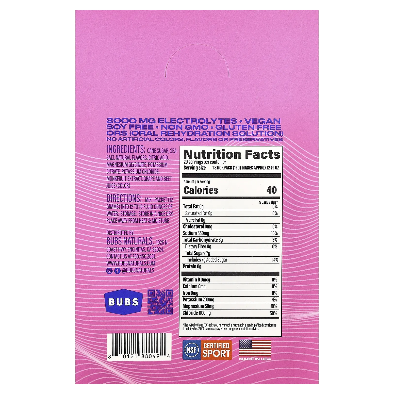 BUBS Naturals, Hydrate or Die®, смесь для приготовления электролитического напитка, со вкусом ягодного ассорти, 20 пакетиков по 12,3 г (0,43 унции)