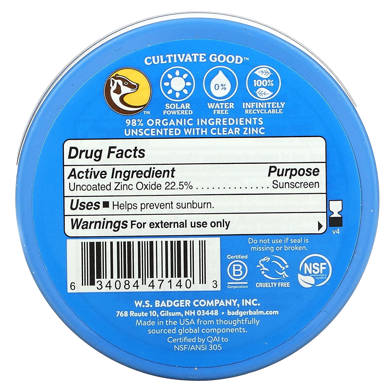 Badger Company, Sport, минеральное солнцезащитное средство с чистым цинком, SPF 40, без запаха, 68 г (2,4 унции)