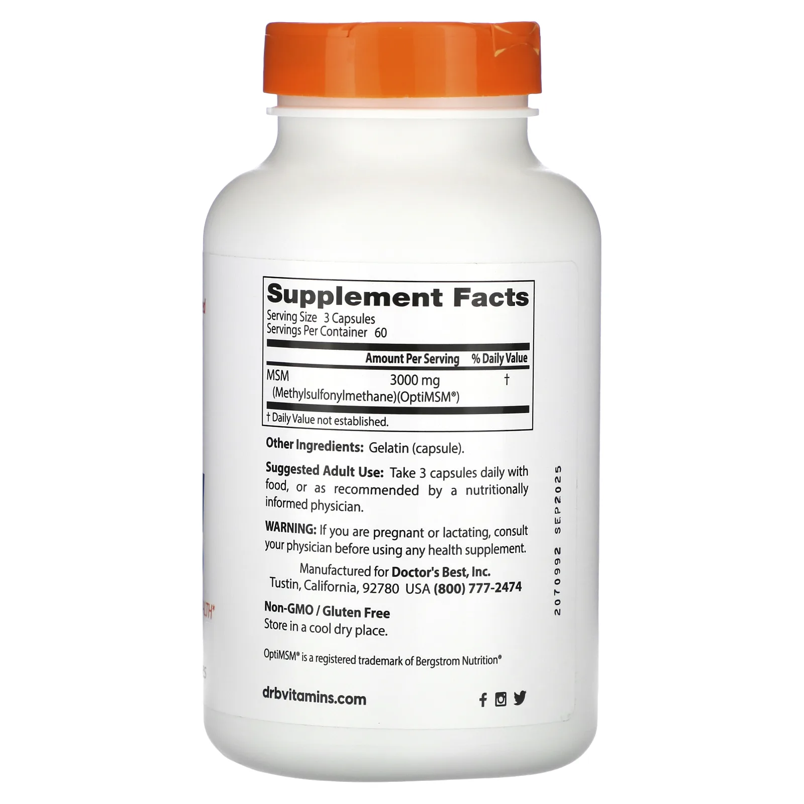 Doctor's Best, МСМ с OptiMSM, 1000 мг, 180 капсул