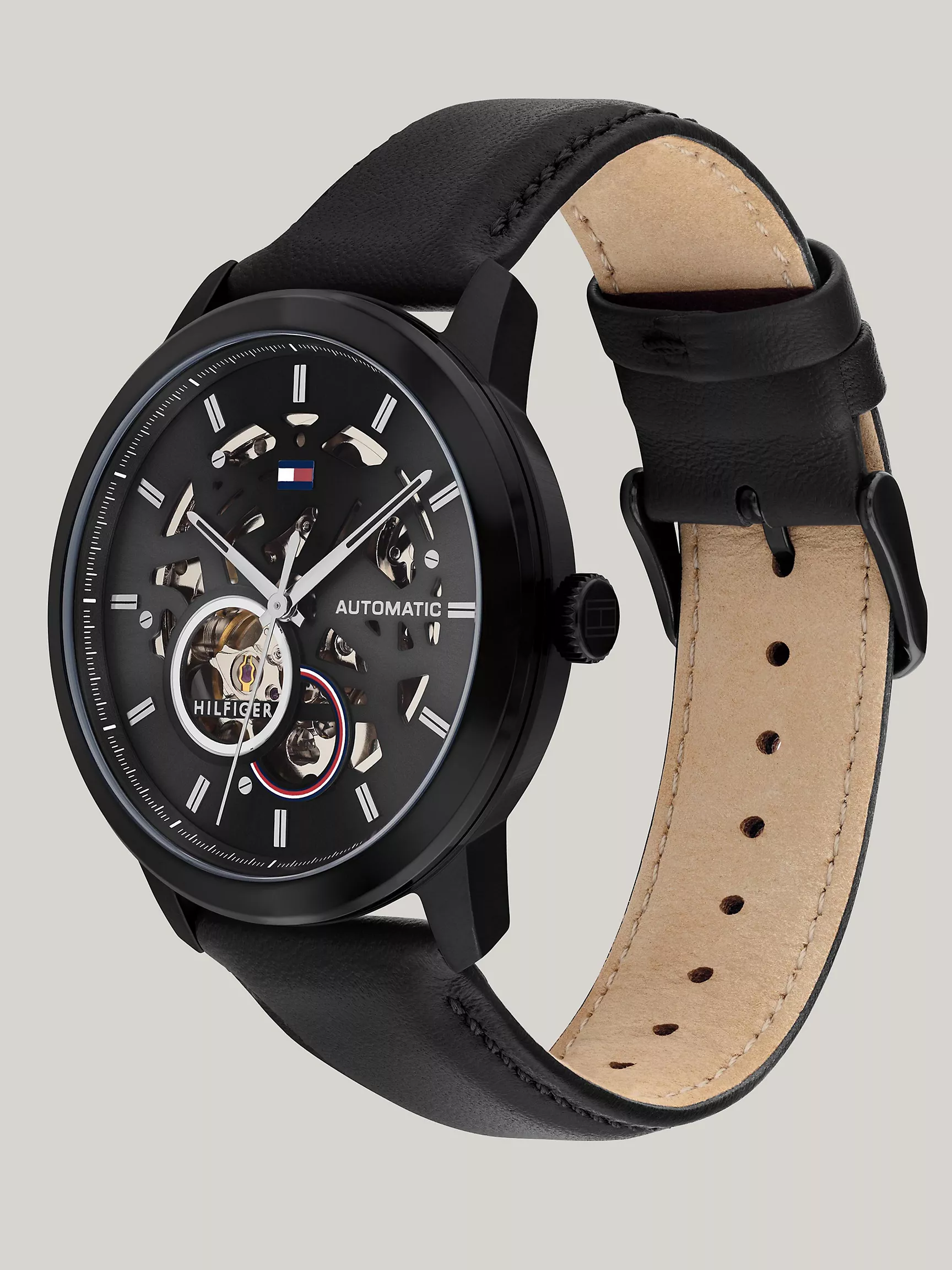 Мужские часы Tommy Hilfiger, Автоматические часы 43 мм с черным прозрачным циферблатом