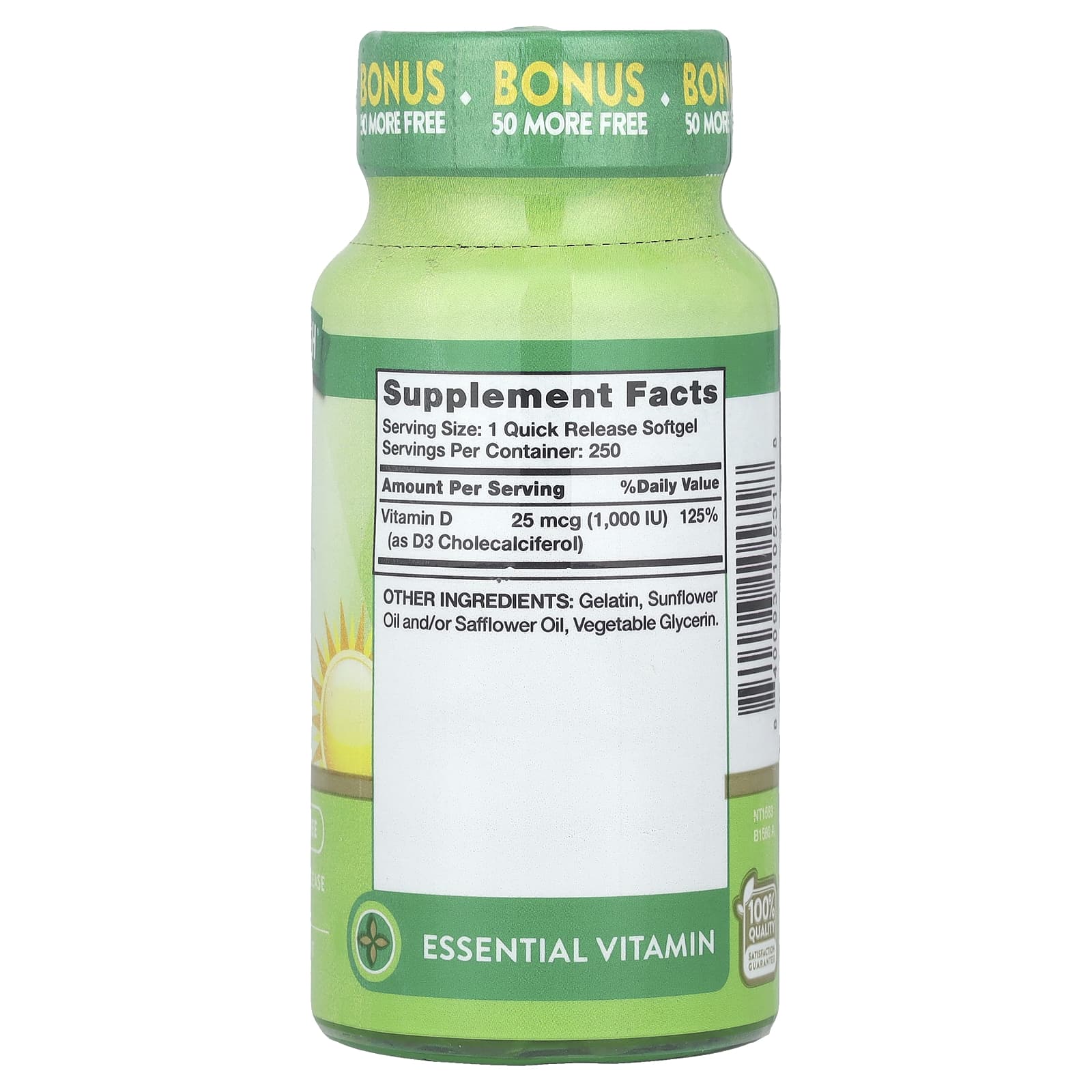 Nature's Truth, Высокоэффективный витамин D3, 25 мкг (1000 МЕ), 250 мягких таблеток быстрого высвобождения