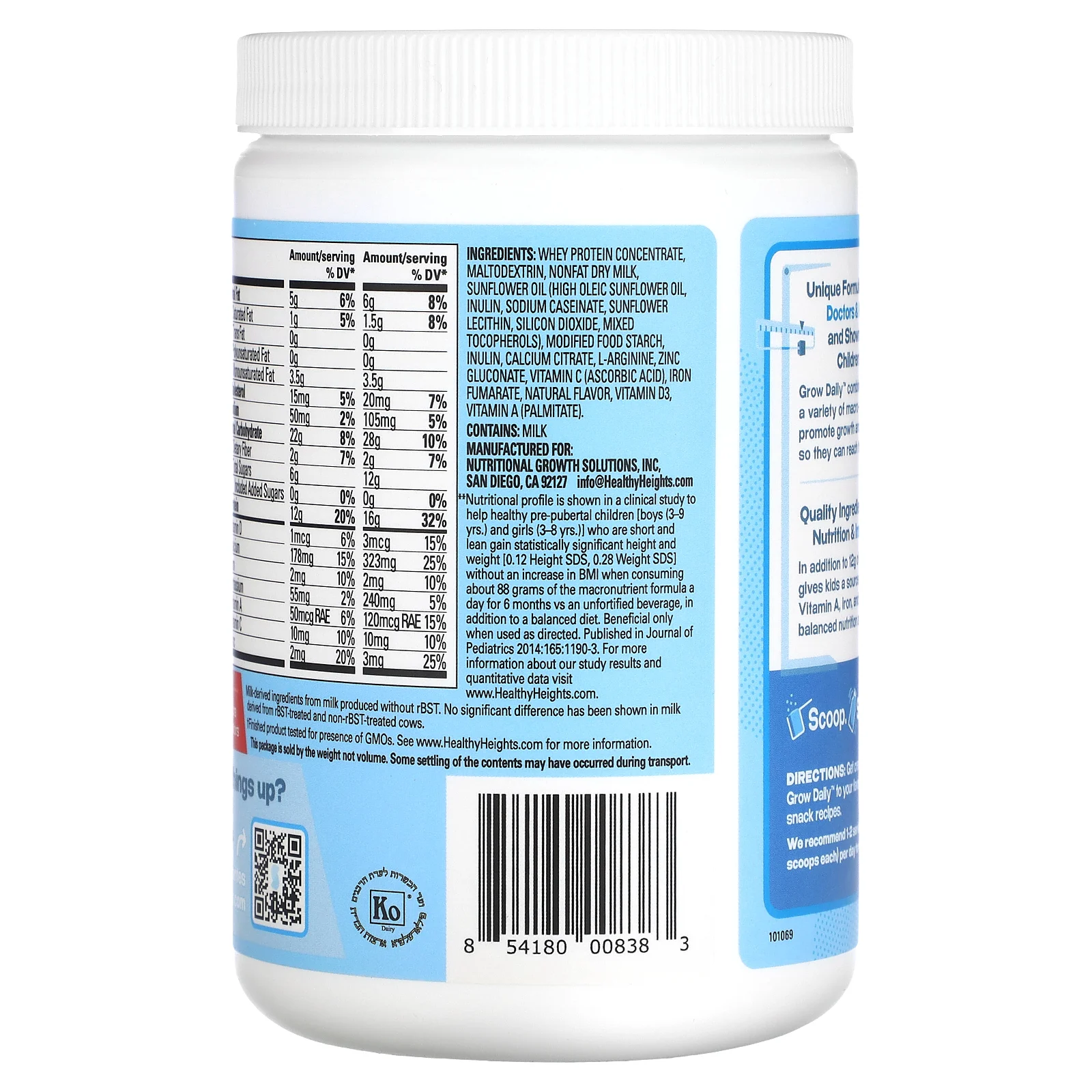 Healthy Heights, Grow Daily, смесь сывороточного протеина и питательных веществ, для детей от 3 лет, без добавок, 301 г (10,6 унции)