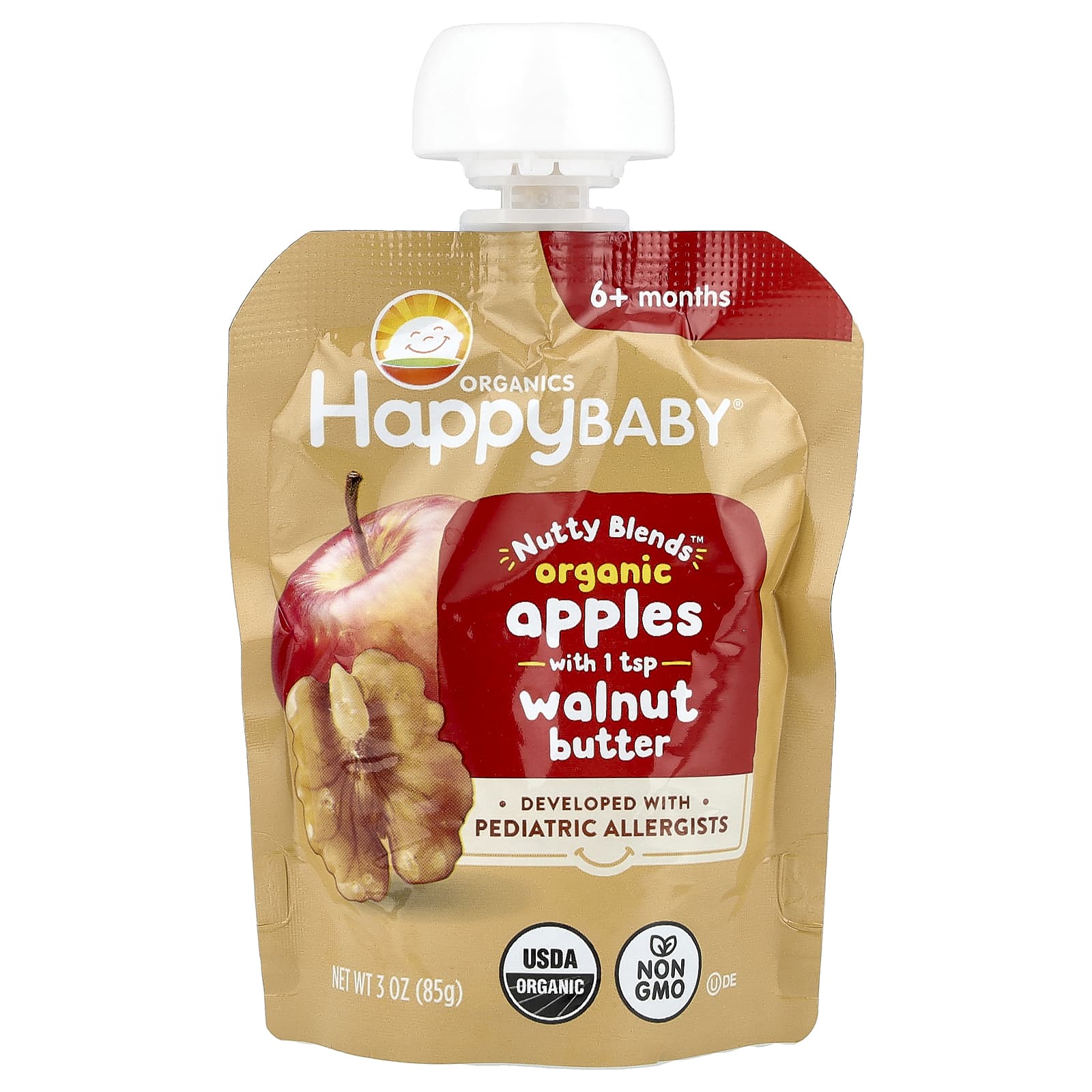 Happy Family Organics, Happy Baby®, Nutty Blends ™, для детей от 6 месяцев, органические яблоки с 1 ч. Л. Орехового масла, 85 г (3 унции)
