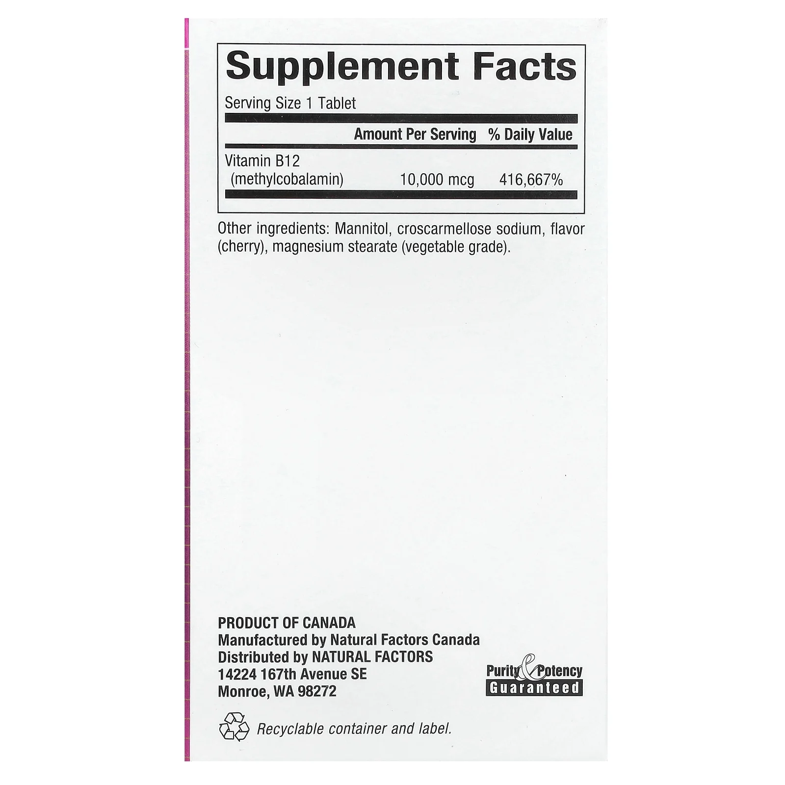 Natural Factors, B12 Метилкобаламин, Вишня, 10 000 мкг, 30 жевательных таблеток