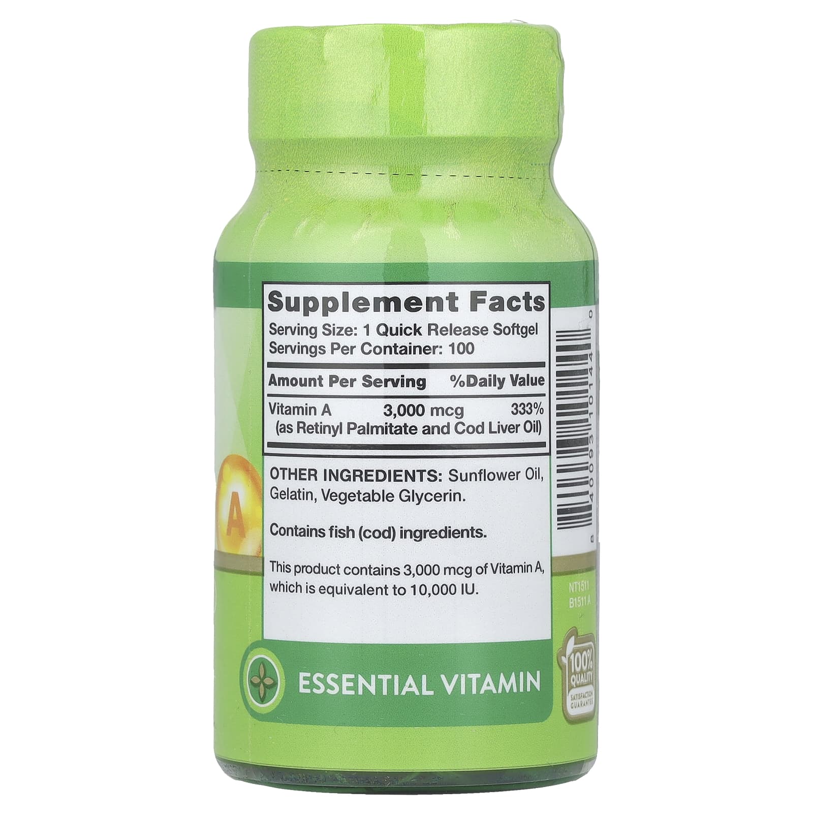 Nature's Truth, Витамин A высокой эффективности, 3000 мкг (10 000 МЕ), 100 капсул быстрого высвобождения